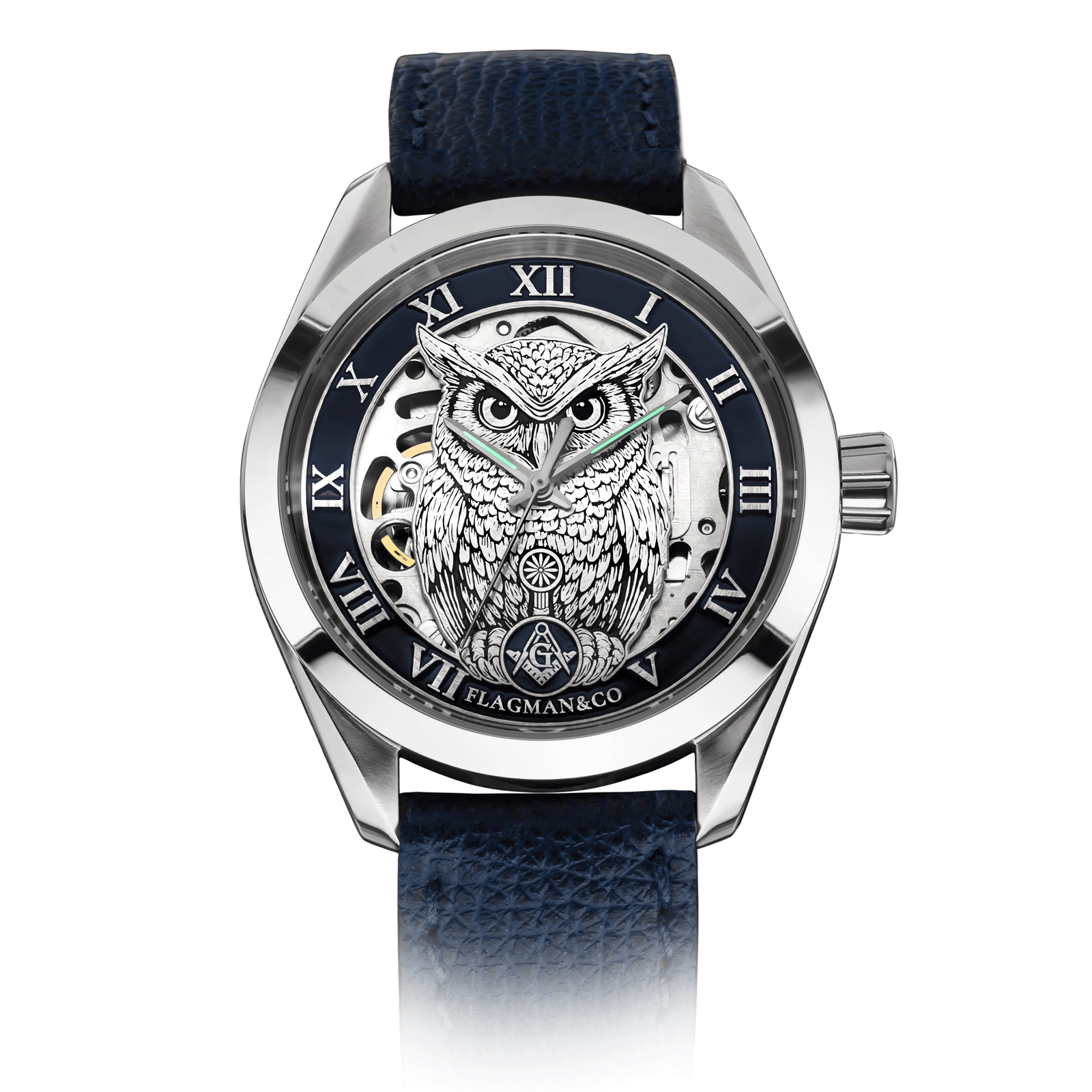 Mechanical Masonic watch with Blue Leather Strap - Noctua Blue #color_blue