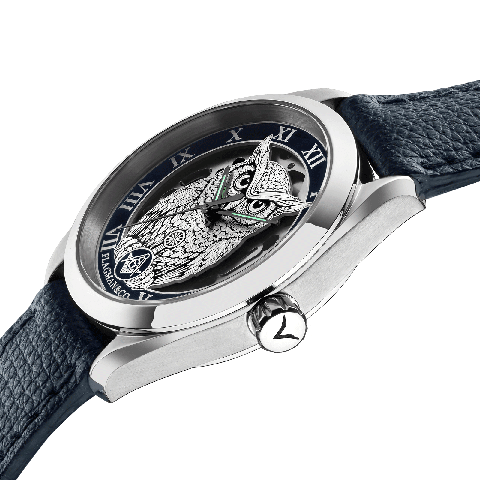 Close-up of Masonic watch Noctua Blue - handmade watch with side crown and detailed case finish