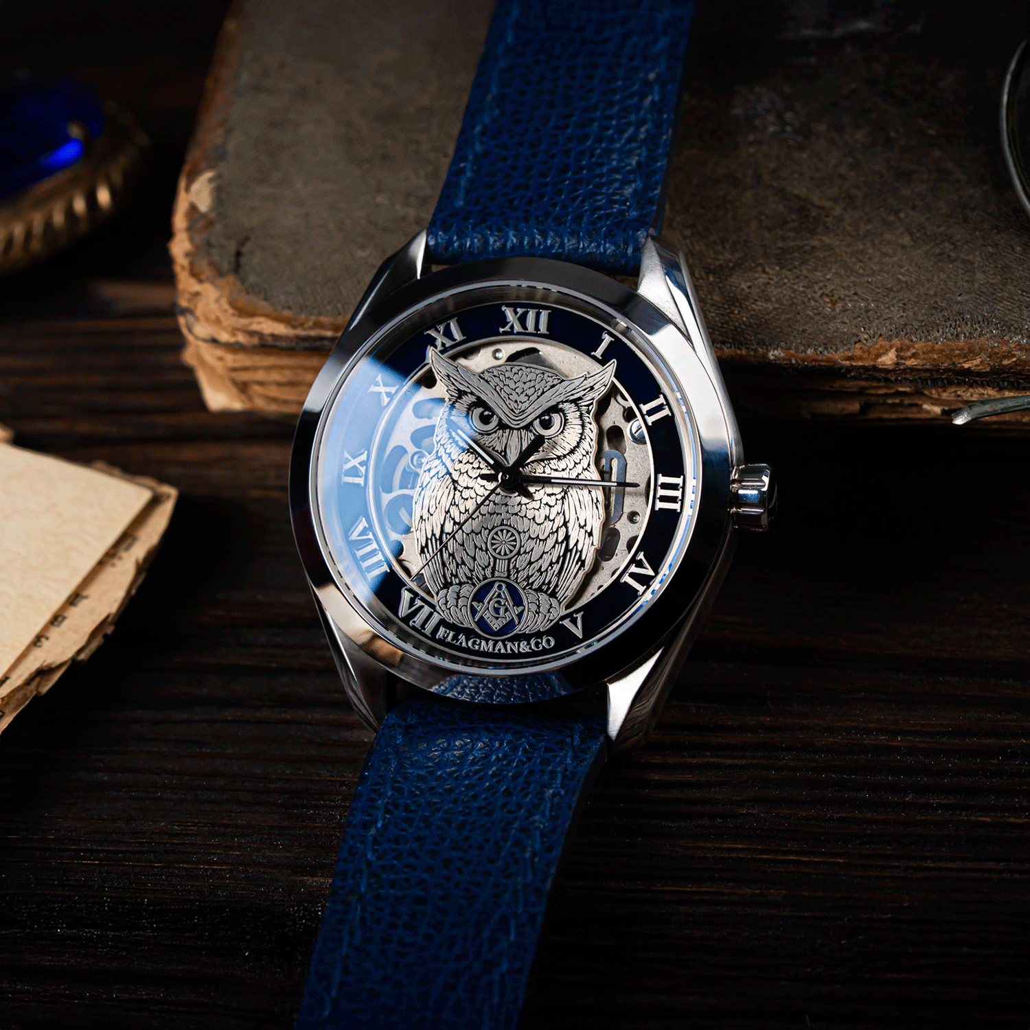 Noctua Blue skeleton watch - front close-up view, live photo