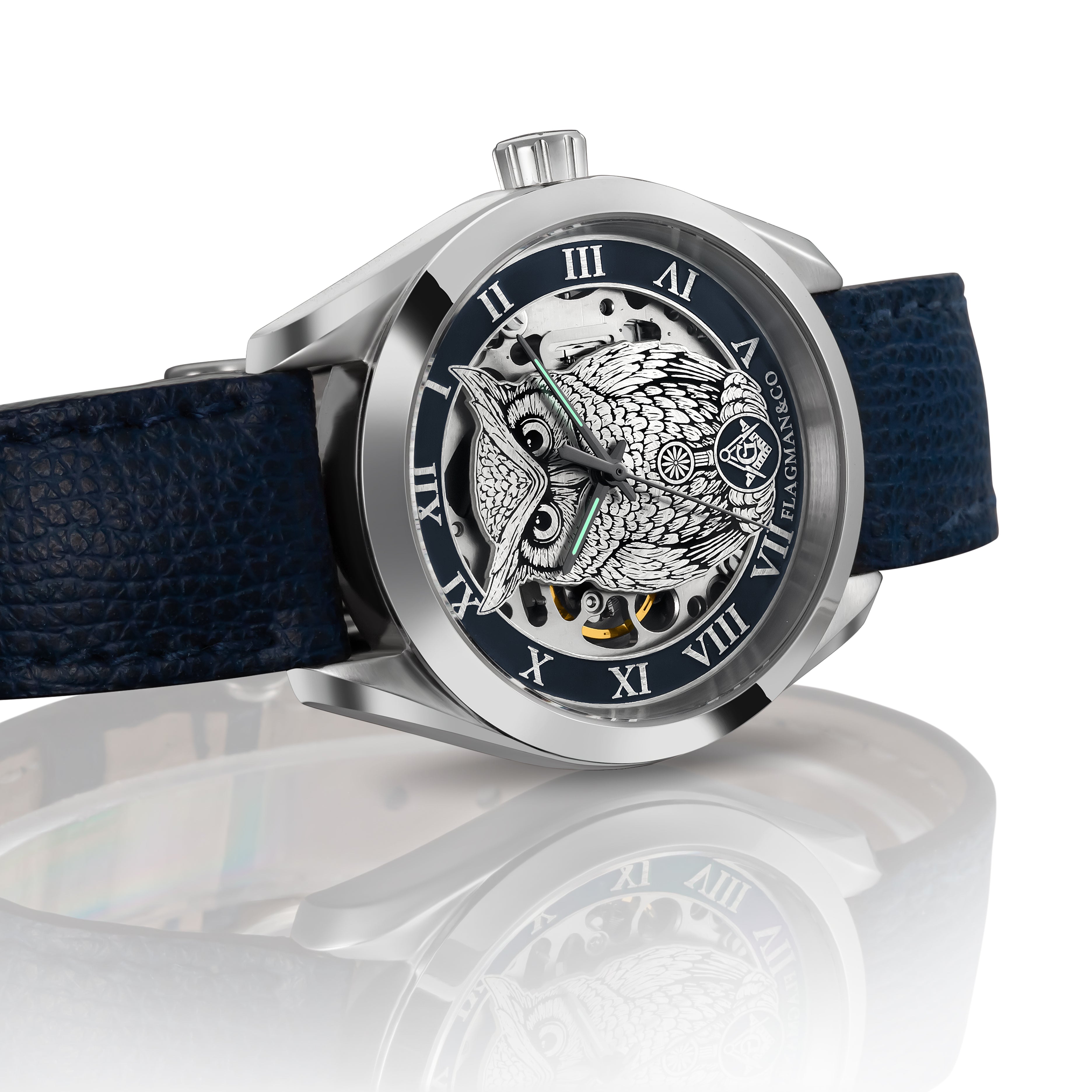Noctua Blue Freemason Skeleton watch - handmade watch for men