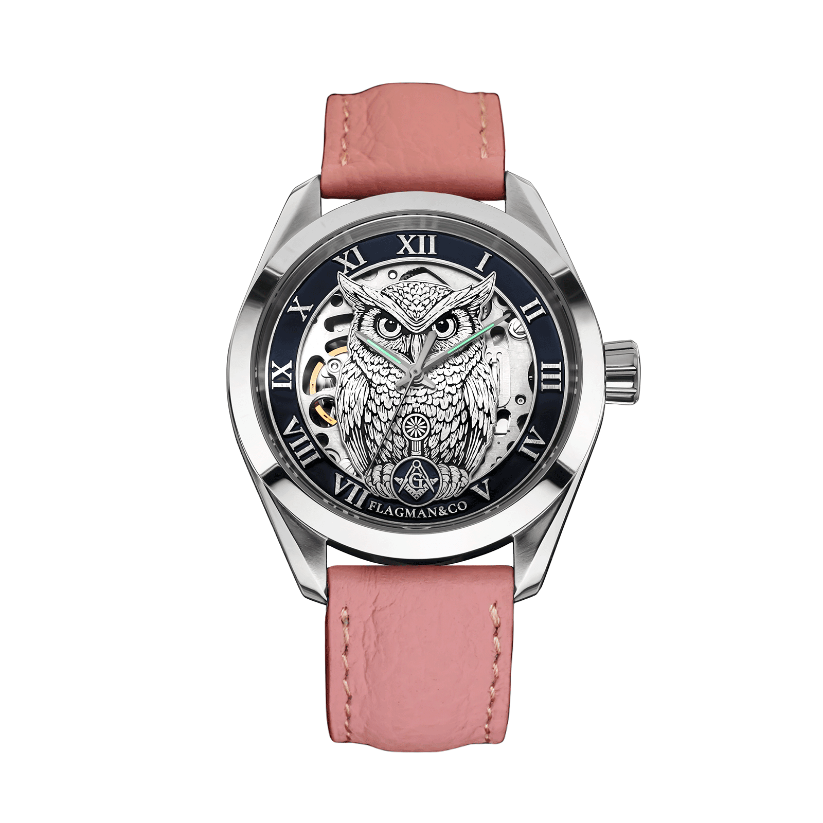 Mechanical Watch Noctua Blue on Pink Leather Strap #color_pink