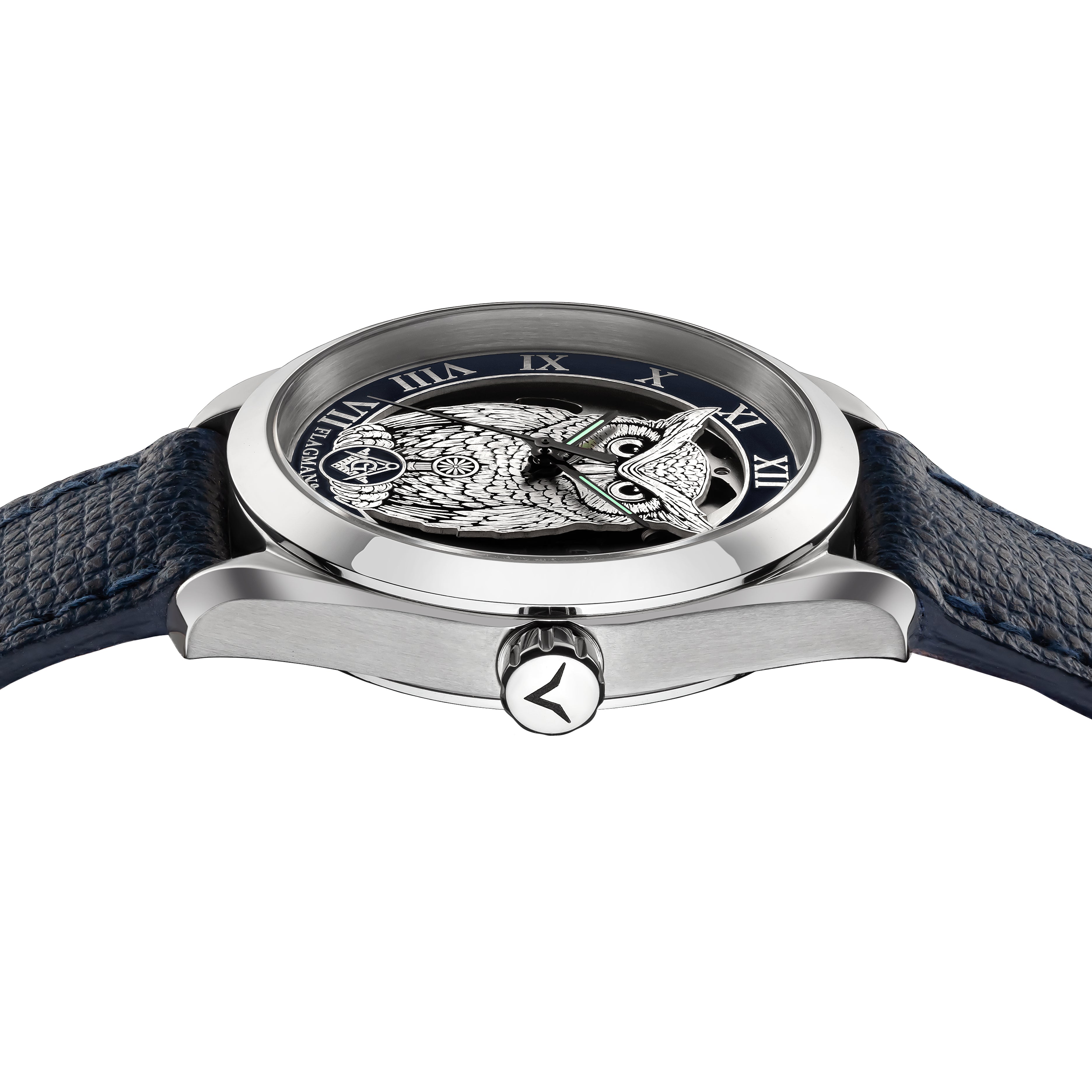 Close-up view of Masonic watch Noctua Blue - automatic watch with side crown and detailed case finish