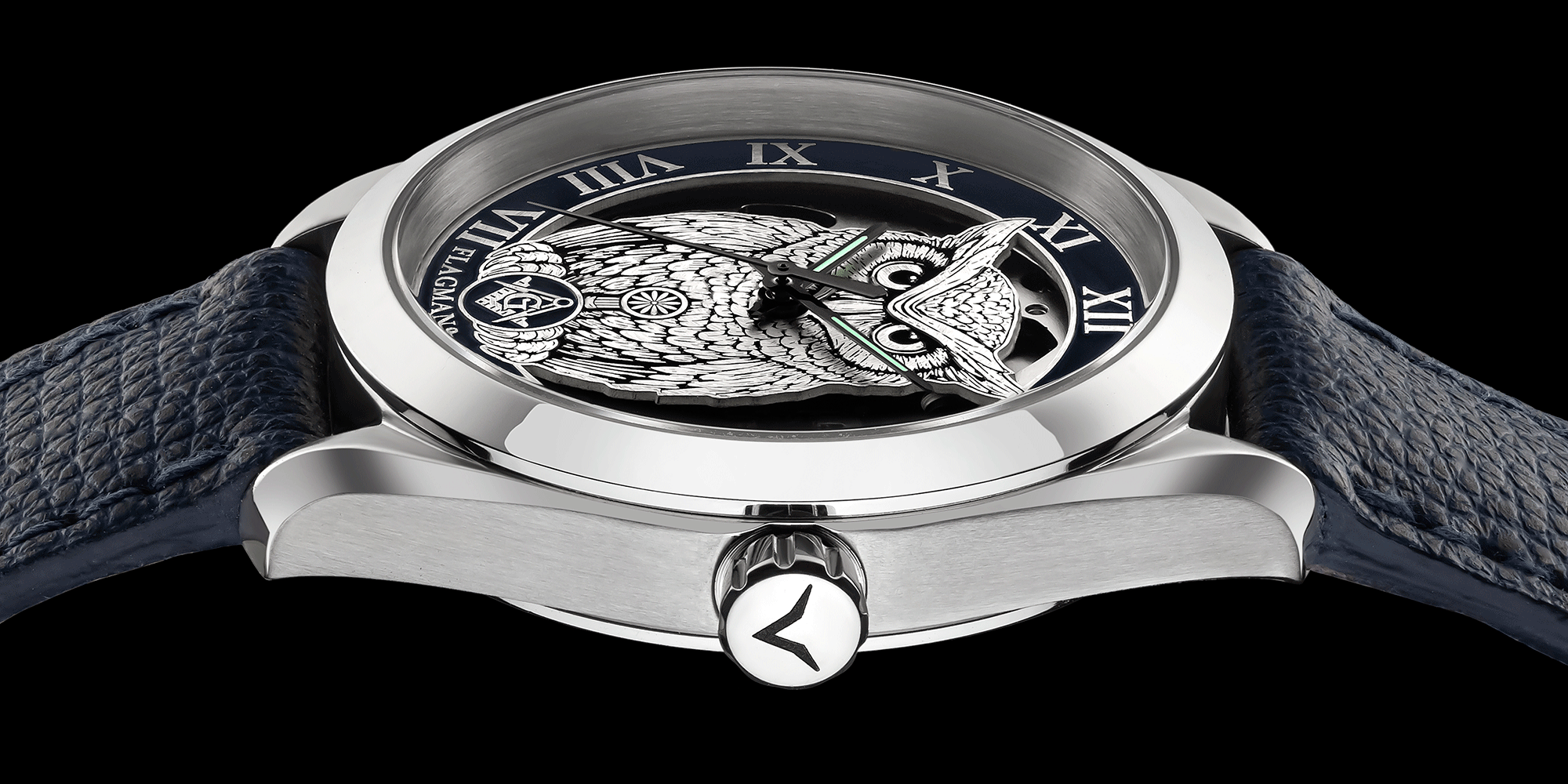 Close-up view of Masonic silver-plated handmade watch Noctua Blue, and its crown