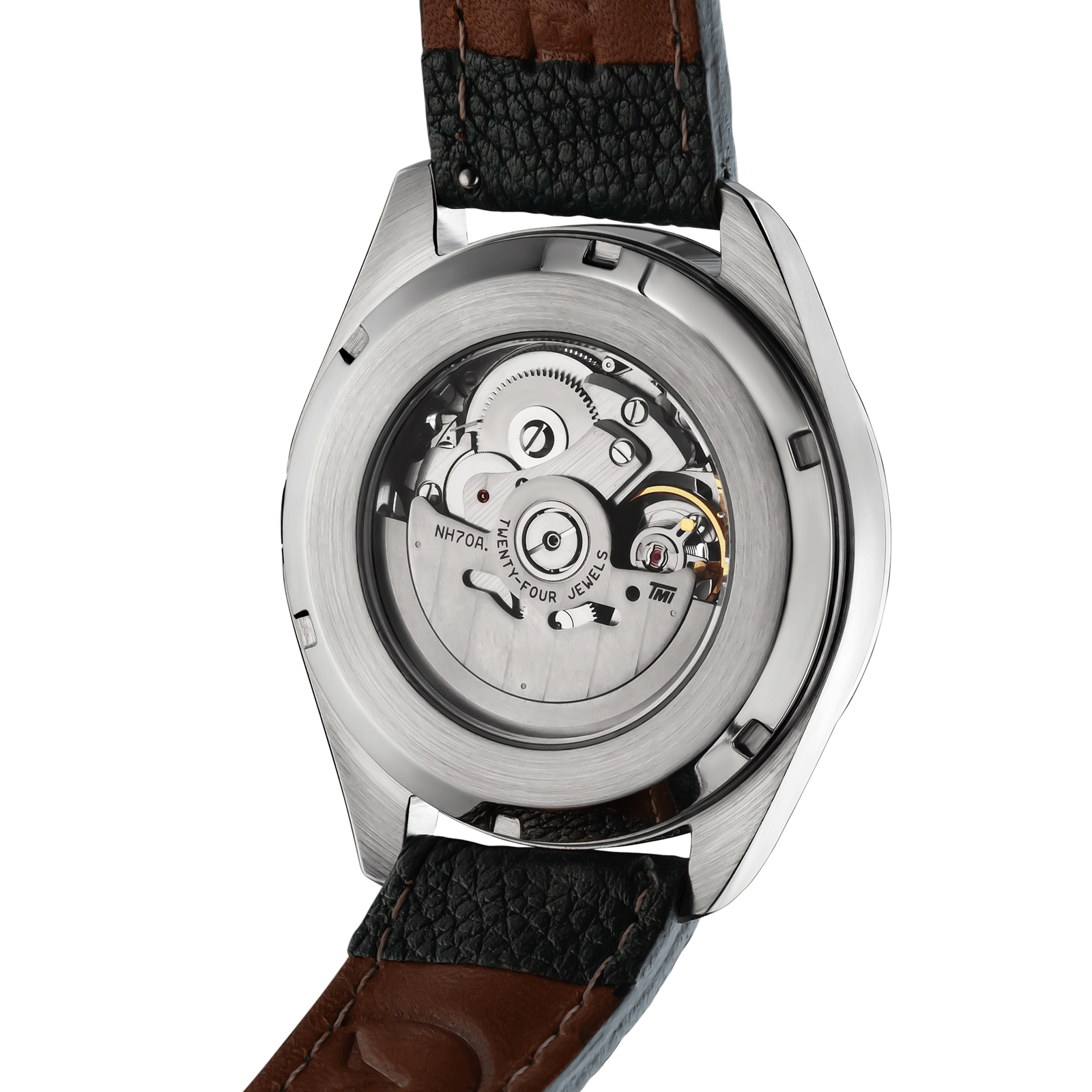 Back view of Masonic Mechanical watch Noctua green – exposed movement