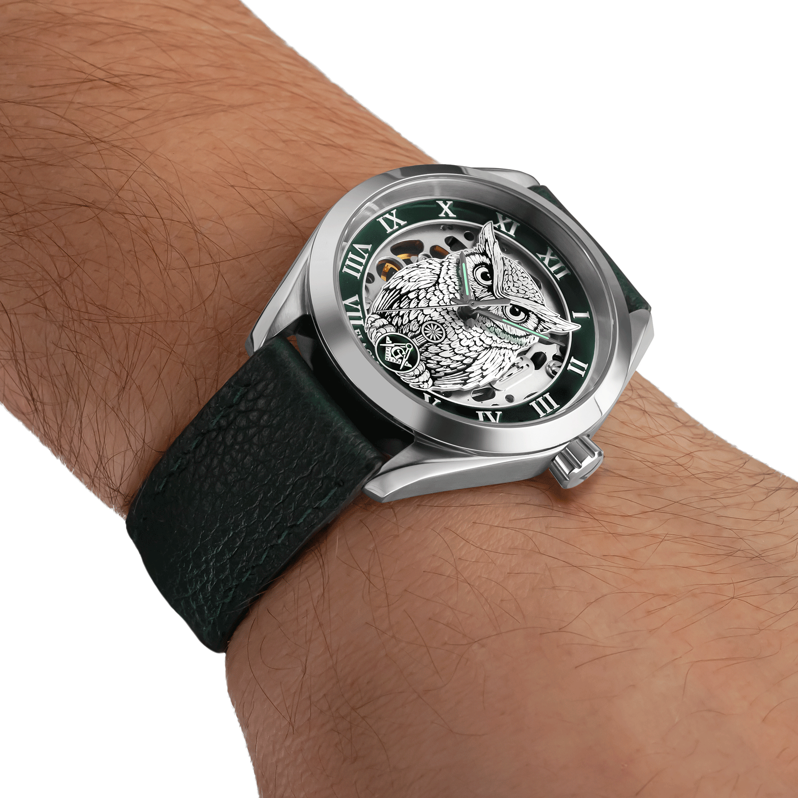 Noctua green Masonic Skeleton watch, worn on mens wrist
