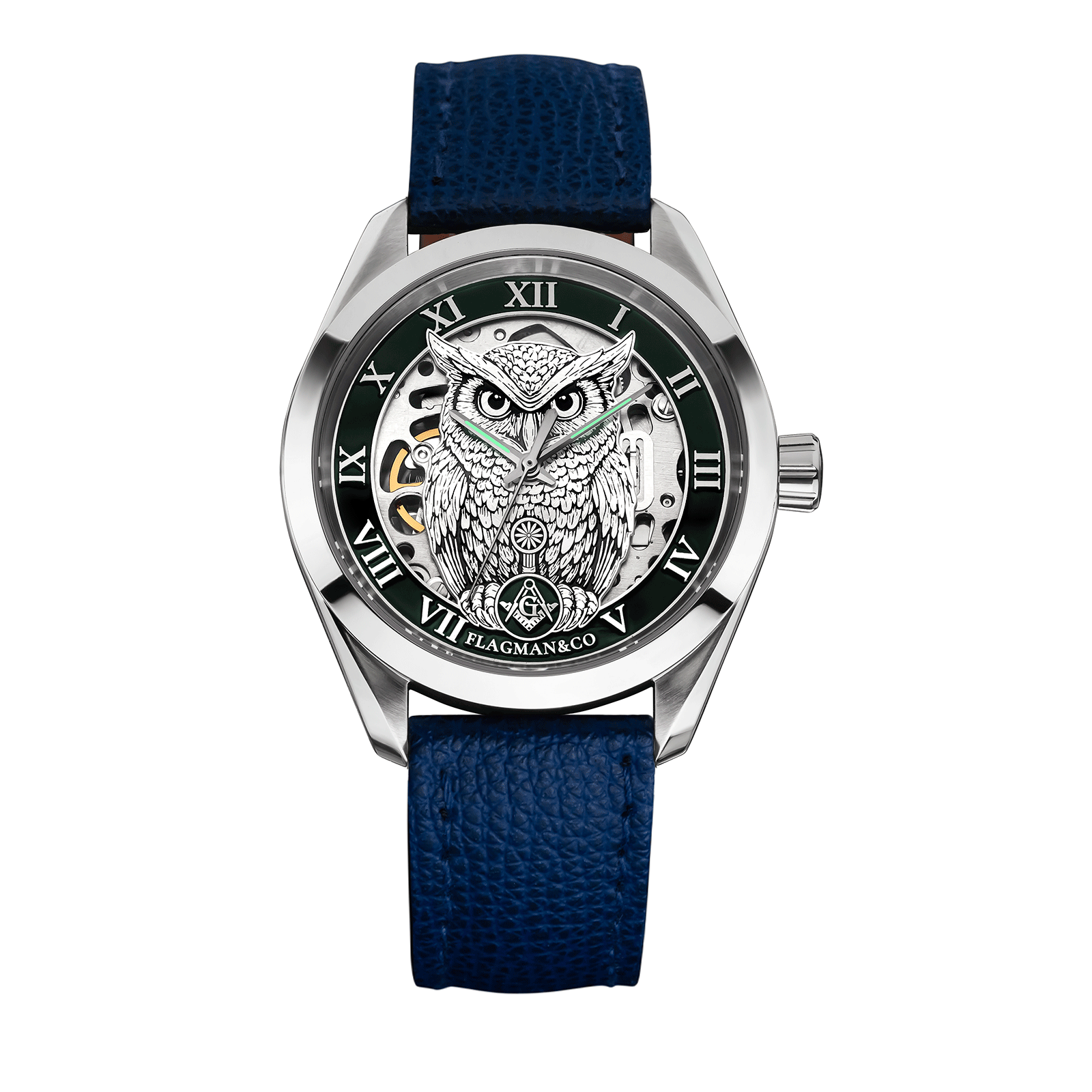 Mechanical Masonic watch with Blue Strap - Noctua green #color_blue