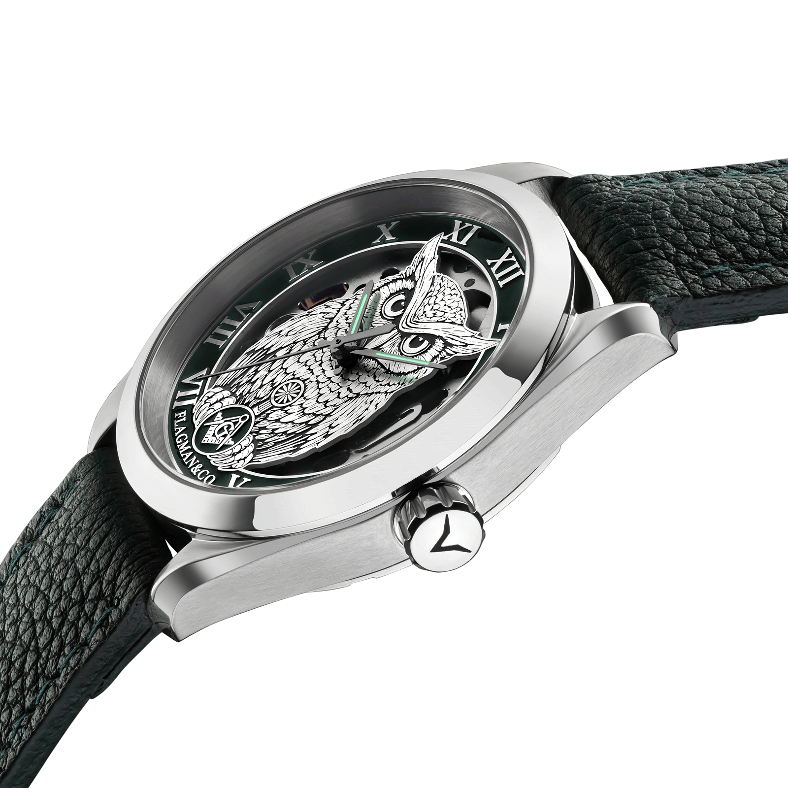 Close-up of Luminous hands watch Noctua green - handmade watch with side crown and detailed case finish