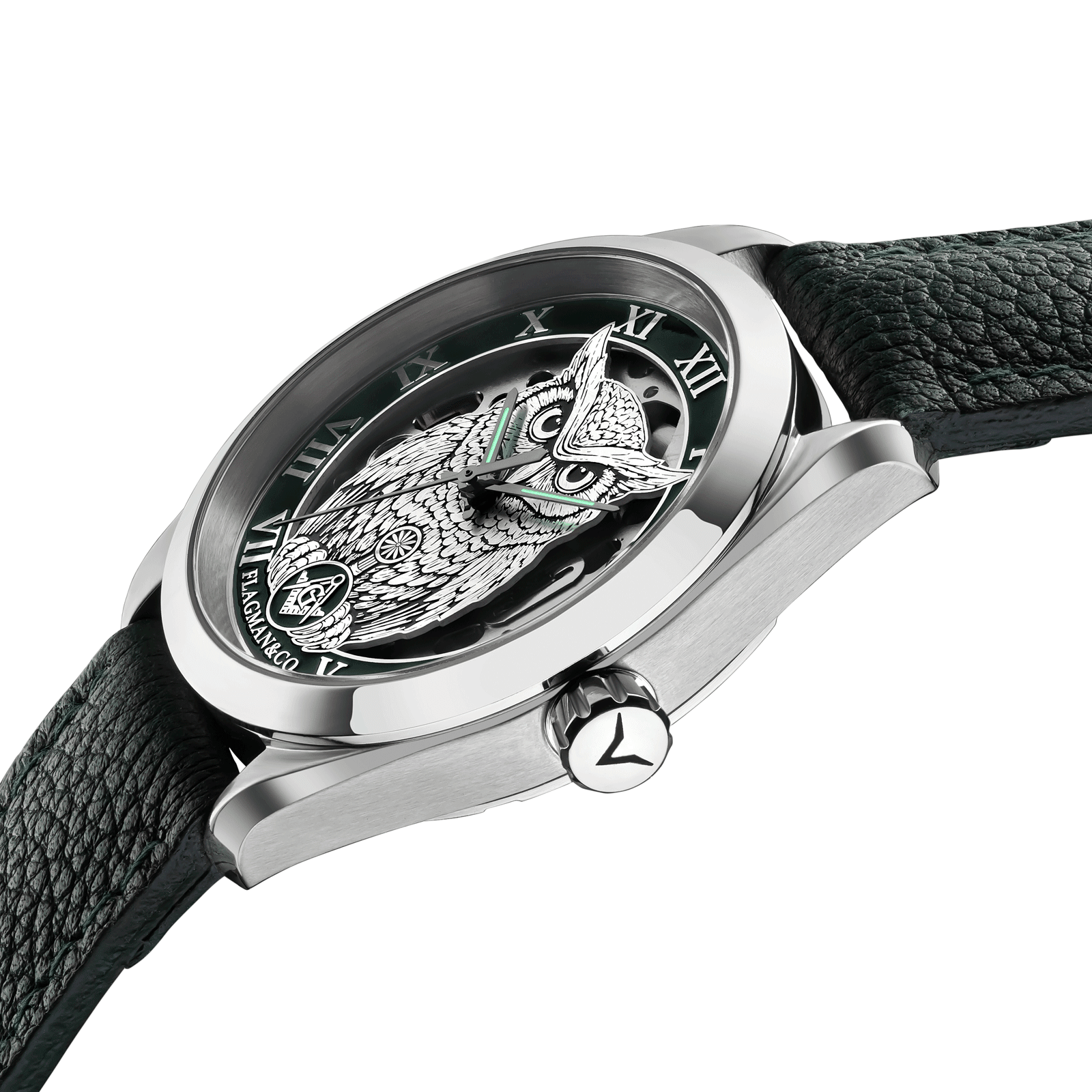 Close-up of Luminous hands watch Noctua green - handmade watch with side crown and detailed case finish