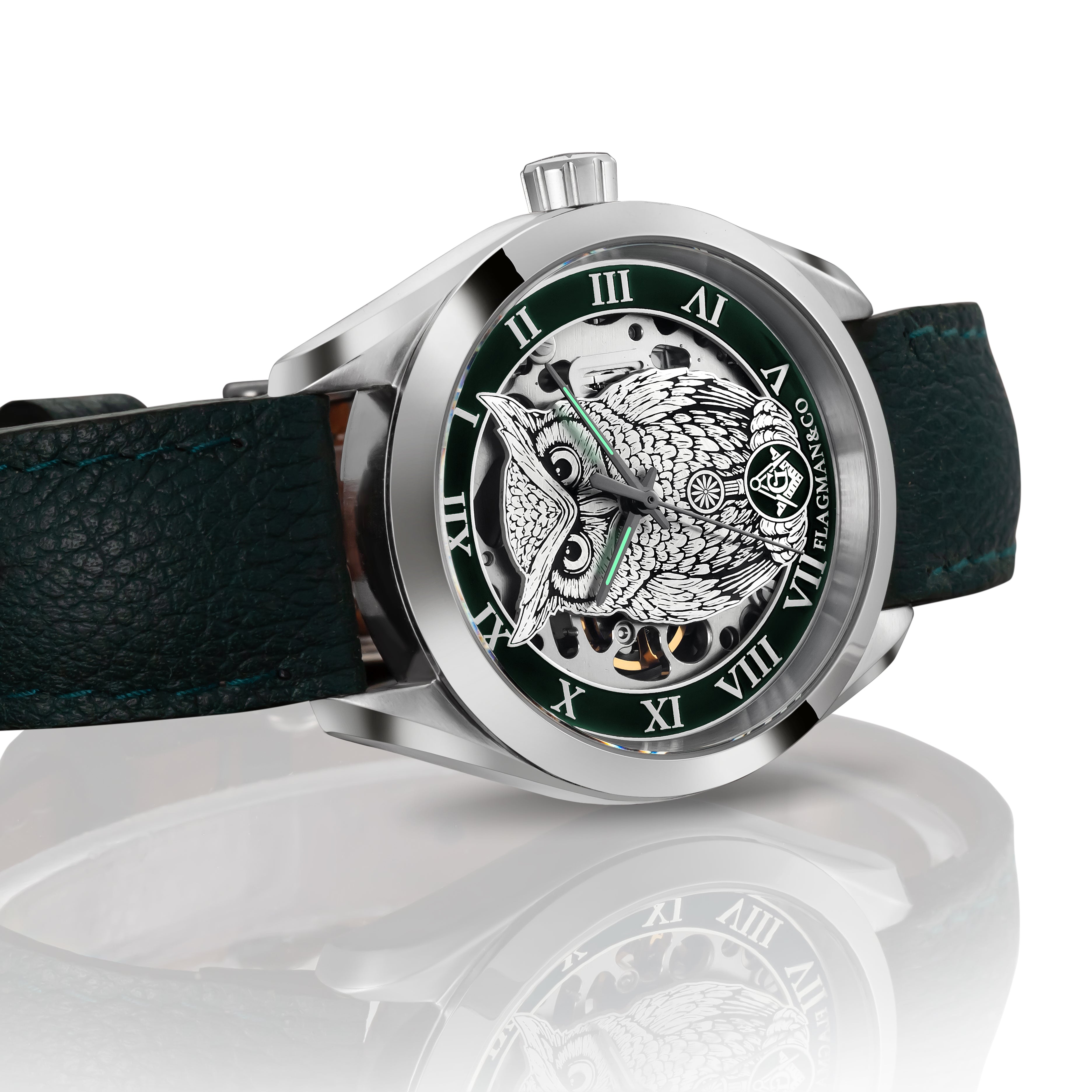 Noctua green Freemason Skeleton watch - handmade watch for men
