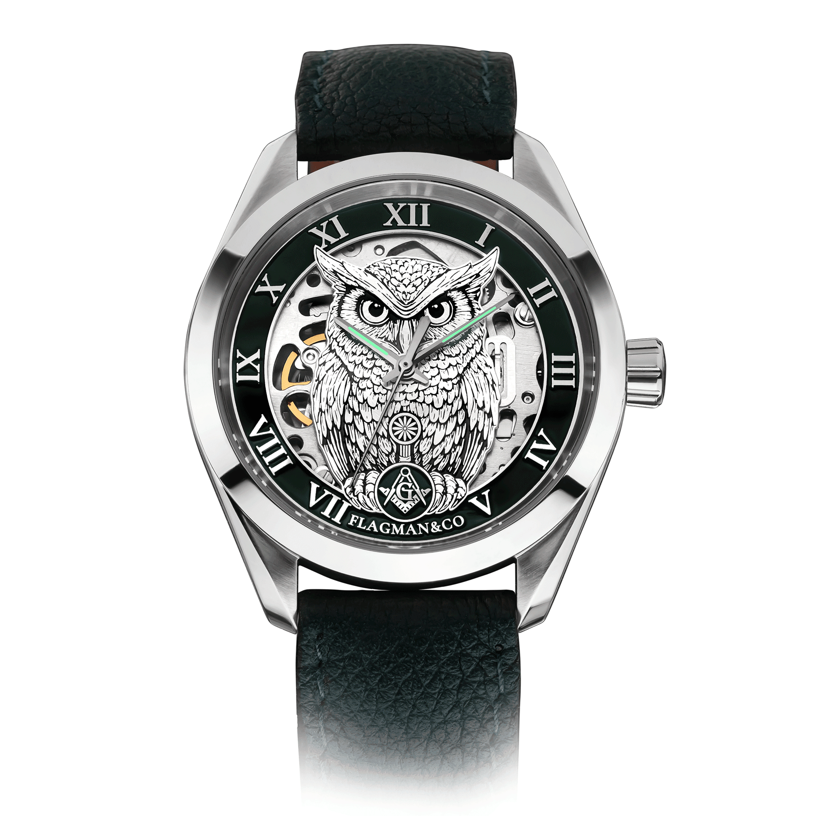 Mechanical Masonic watch with Green Leather Strap - Noctua Green #color_green