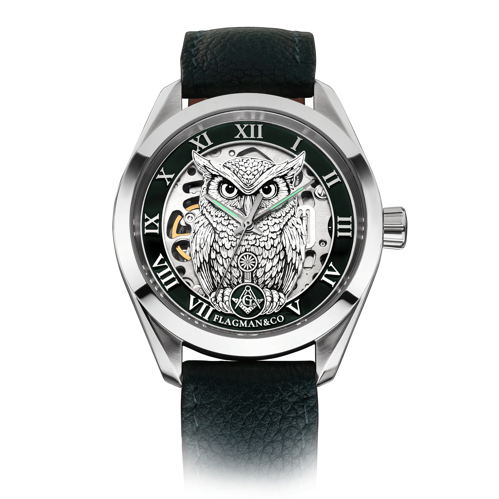 Mechanical Masonic watch with Green Leather Strap - Noctua Green #color_green