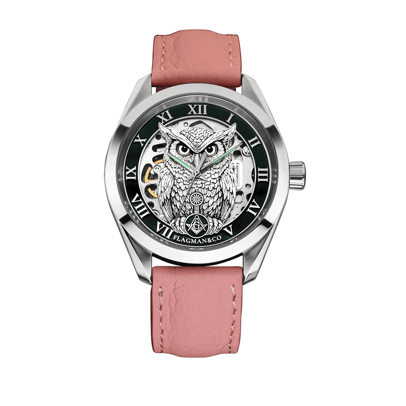 Mechanical Watch Noctua green on Pink Leather Strap #color_pink