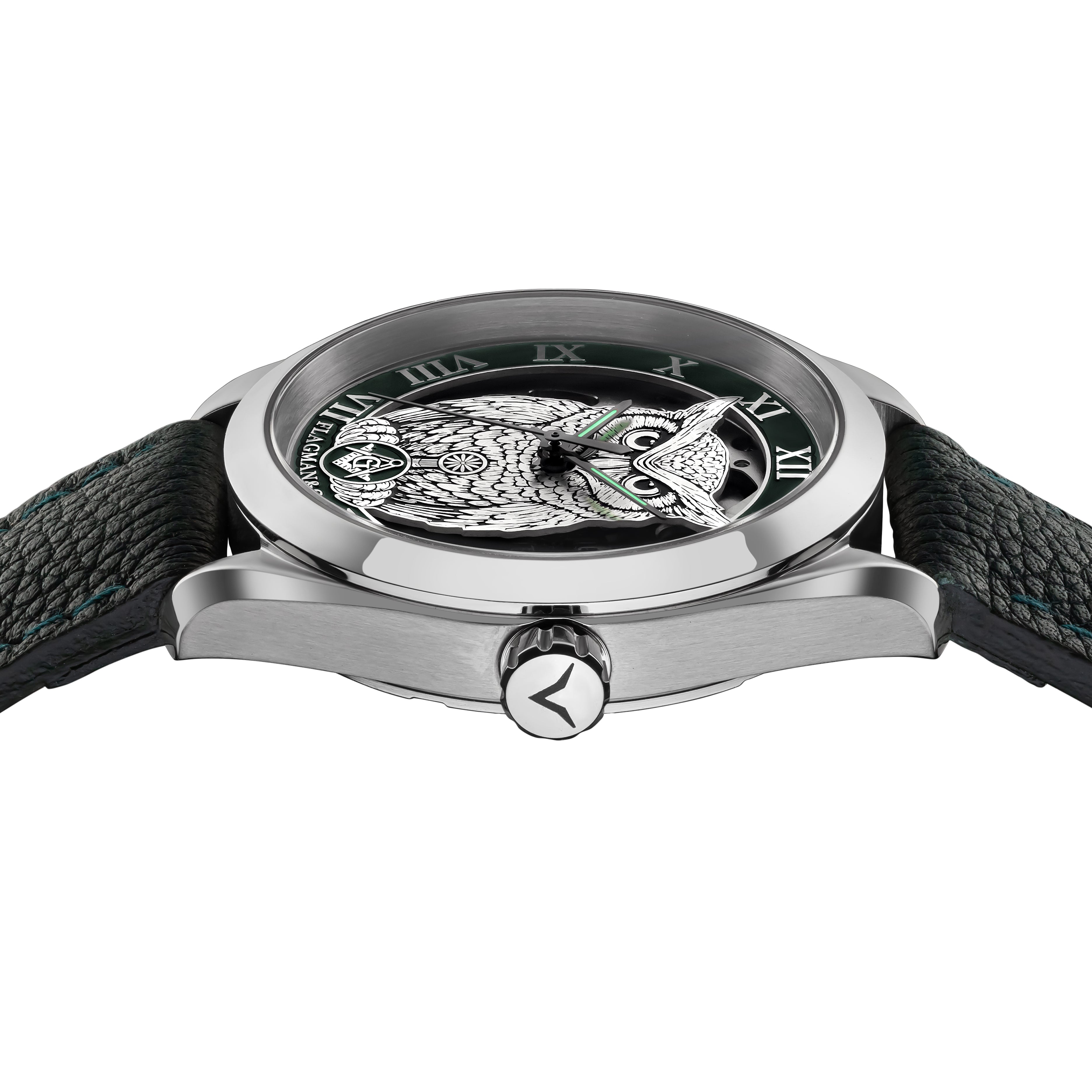 Close-up view of Masonic watch Noctua green - automatic watch with side crown and detailed case finish