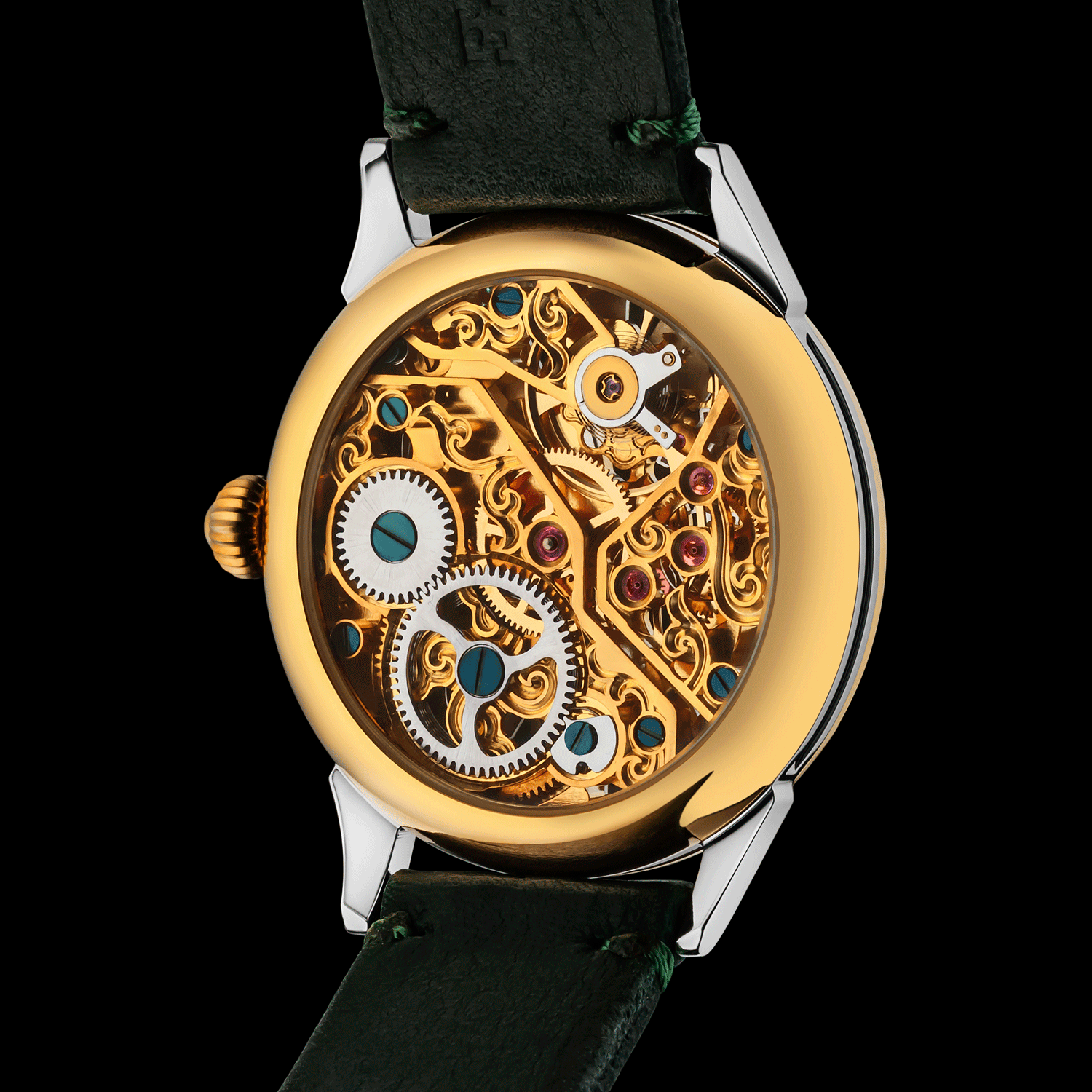 Rear view of poker watch showing open caseback and movement