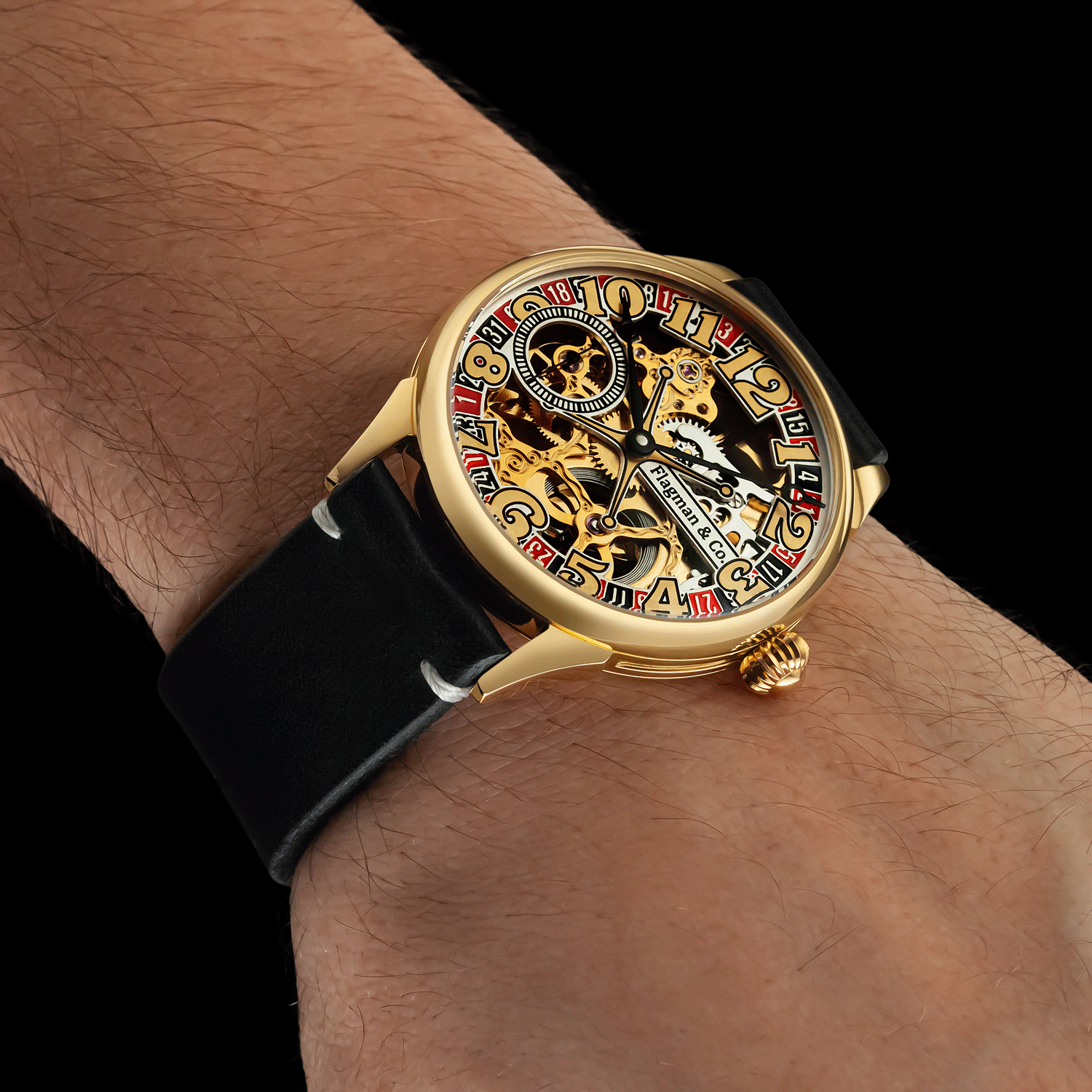 Front view of skeleton watch worn on wrist – roulette-inspired design