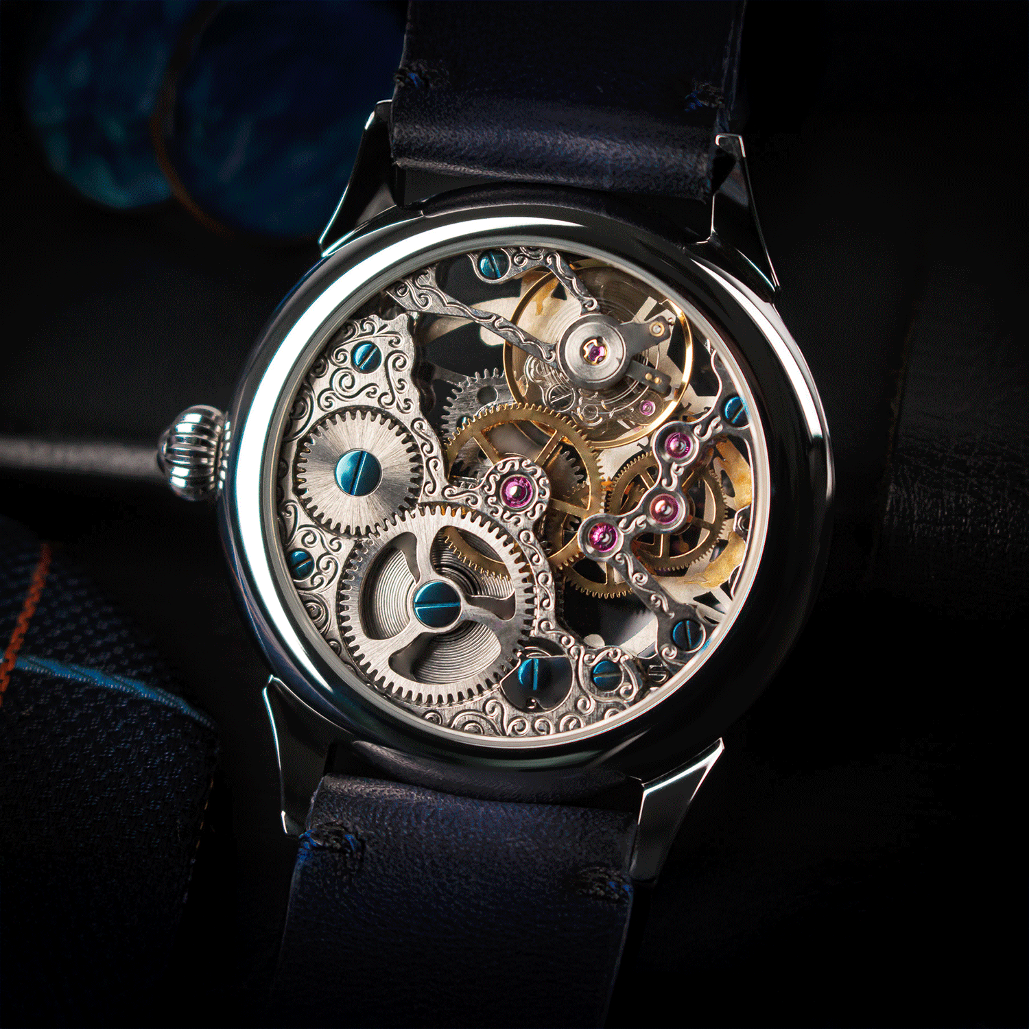 Rear view of Rome handmade watch showing skeleton caseback and manual winding movement