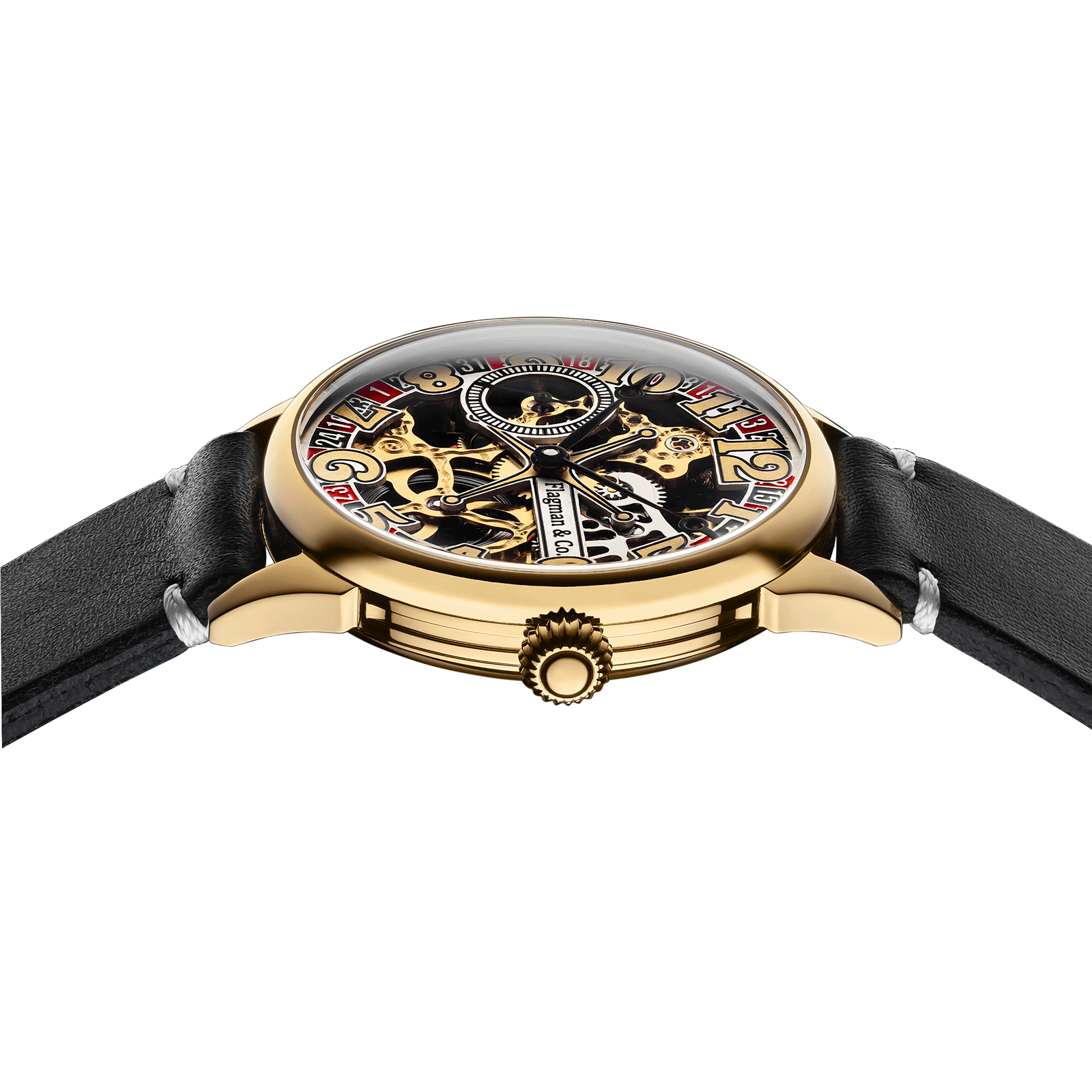 Close-up of roulette watch with side crown and detailed case finish