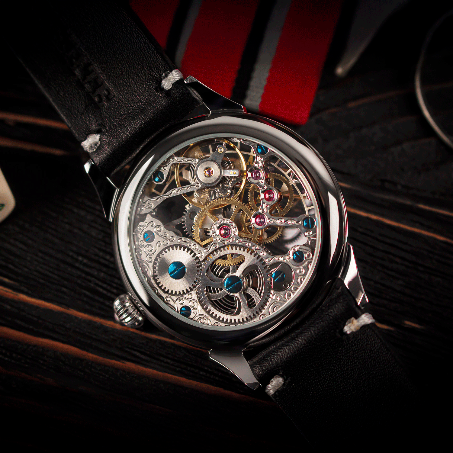 Rear view of Roulette 1.0 showing skeleton caseback and manual winding movement