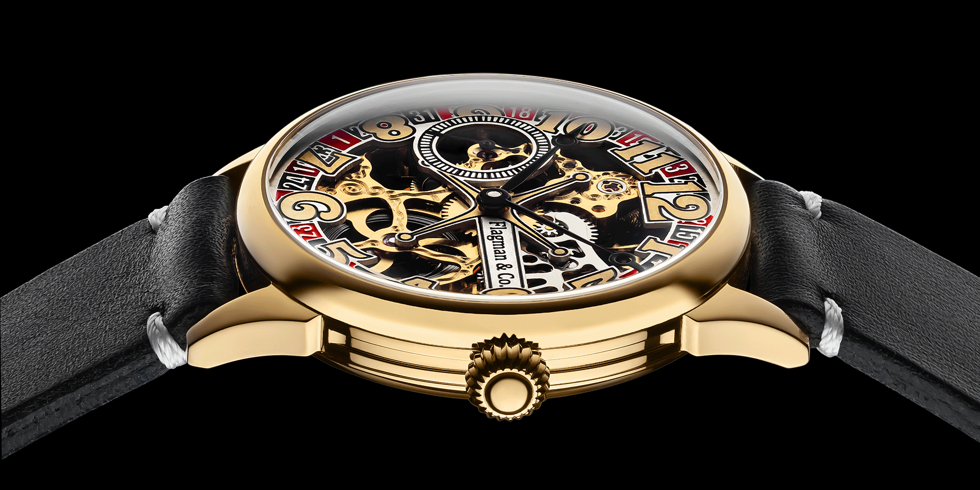 Close-up of casino-themed skeleton watch crown – wornon wrist, handcrafted detail visible