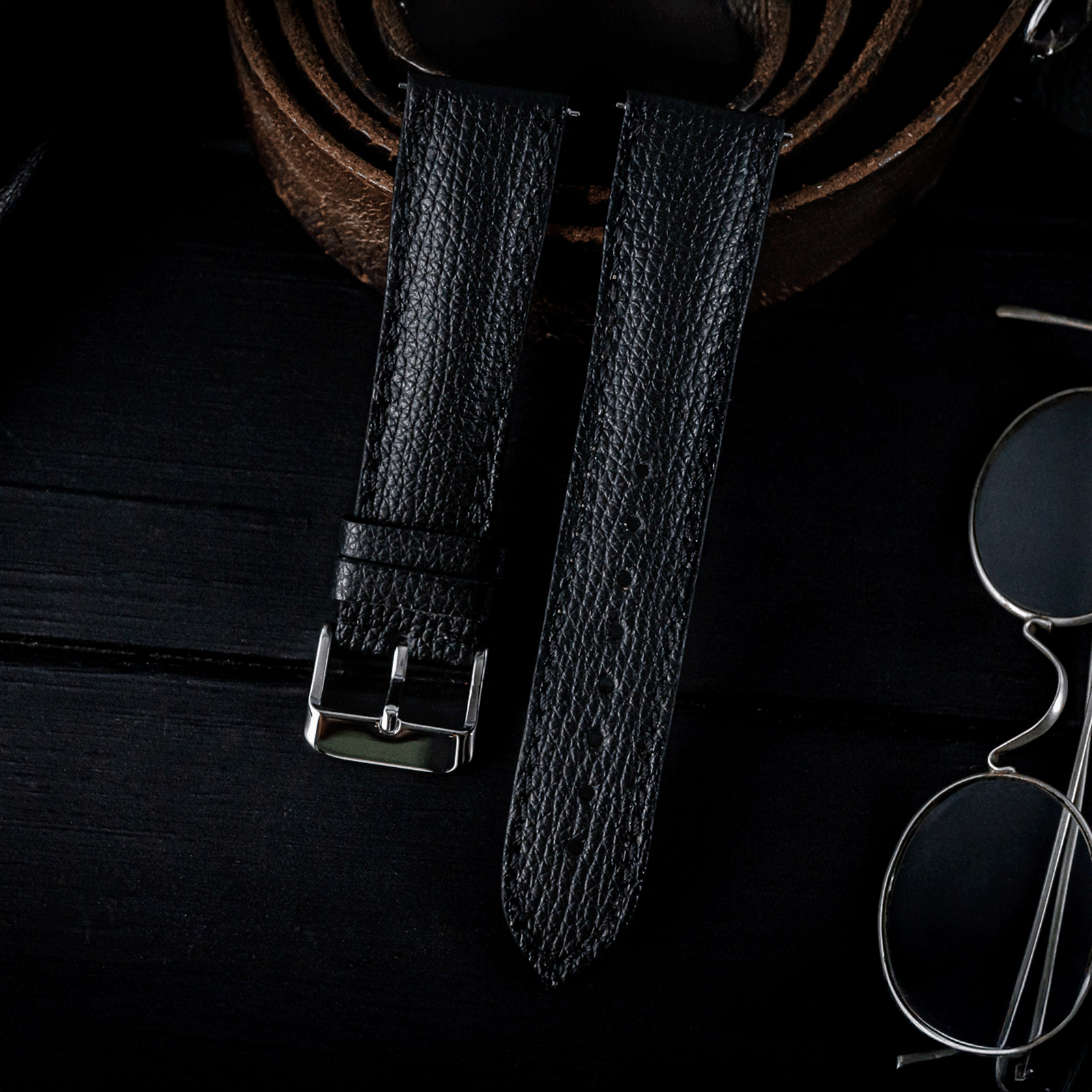 Black Italian Safian leather Handmade watch strap, lifestyle photo