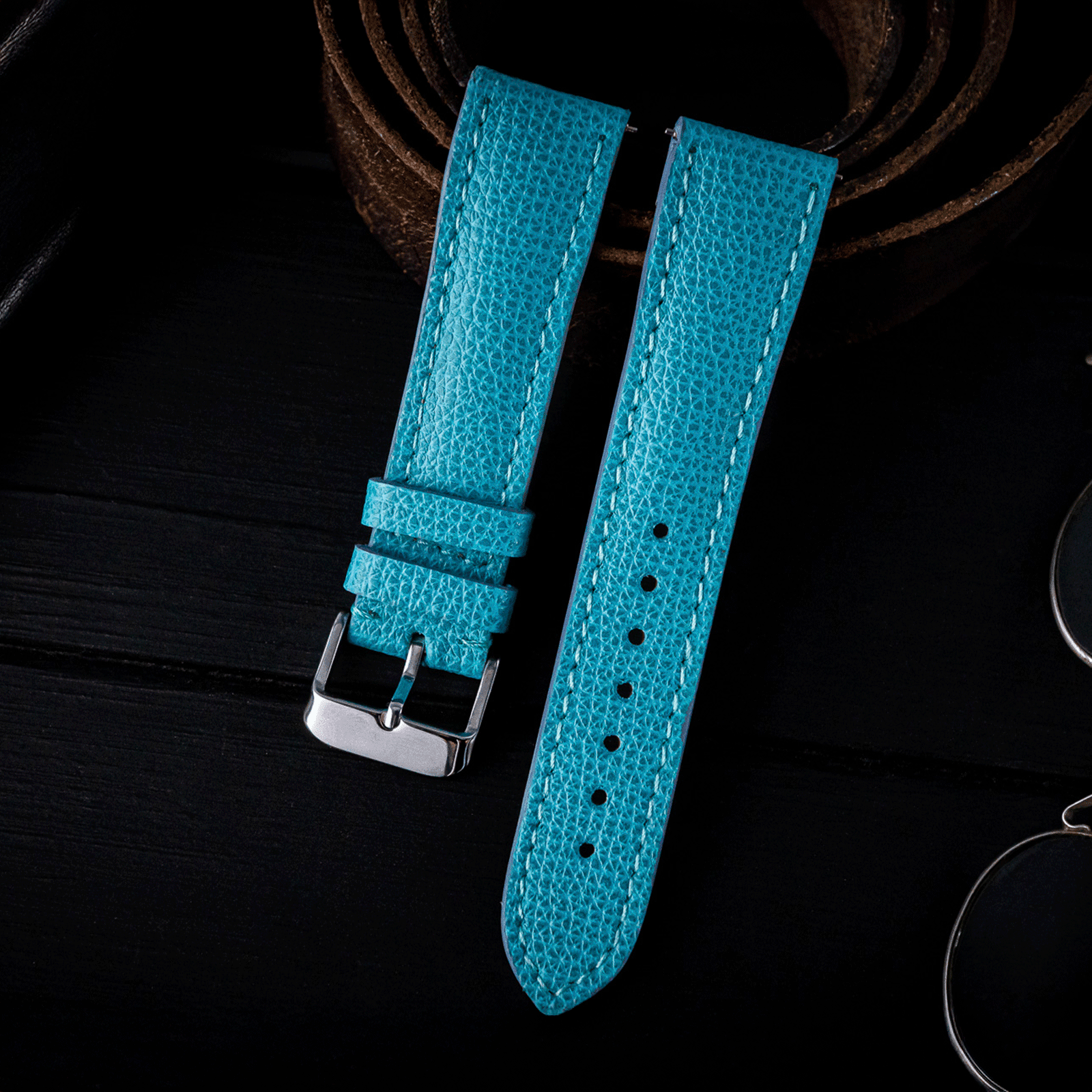 Light-blue Italian Safian leather Handmade watch strap, lifestyle photo