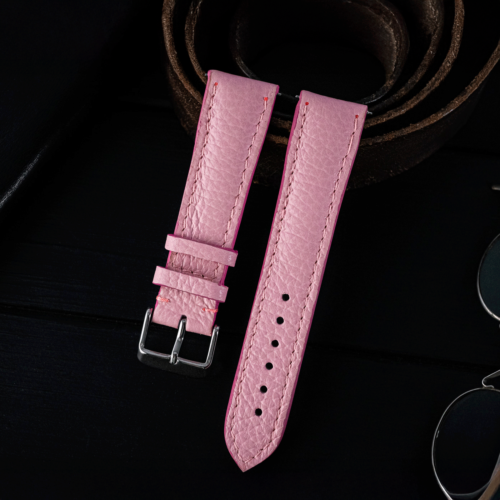 Pink Italian Safian leather Handmade watch strap, lifestyle photo