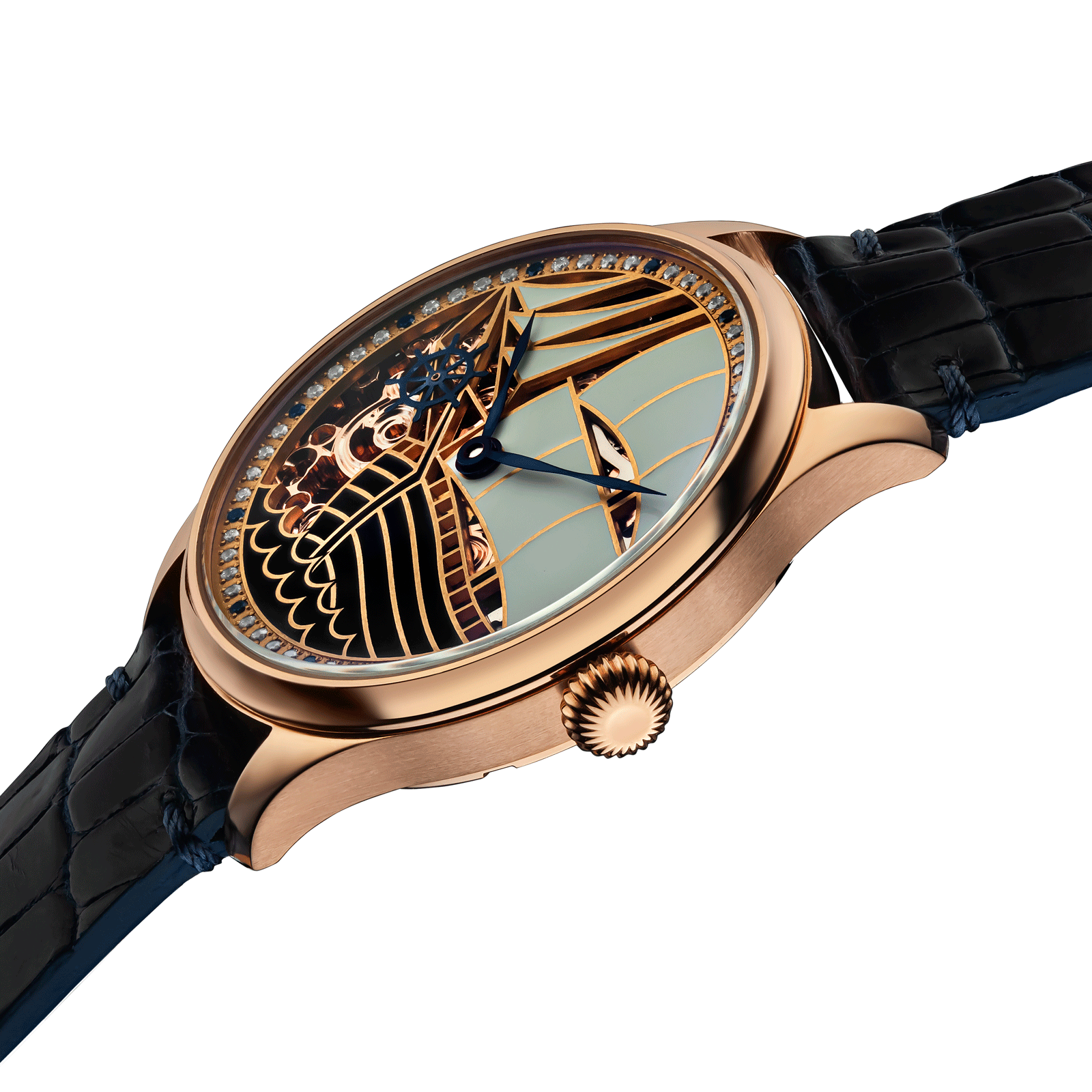 San Marino mechanical watch with dark-blue strap, gold-plated skeleton dial, on white background
