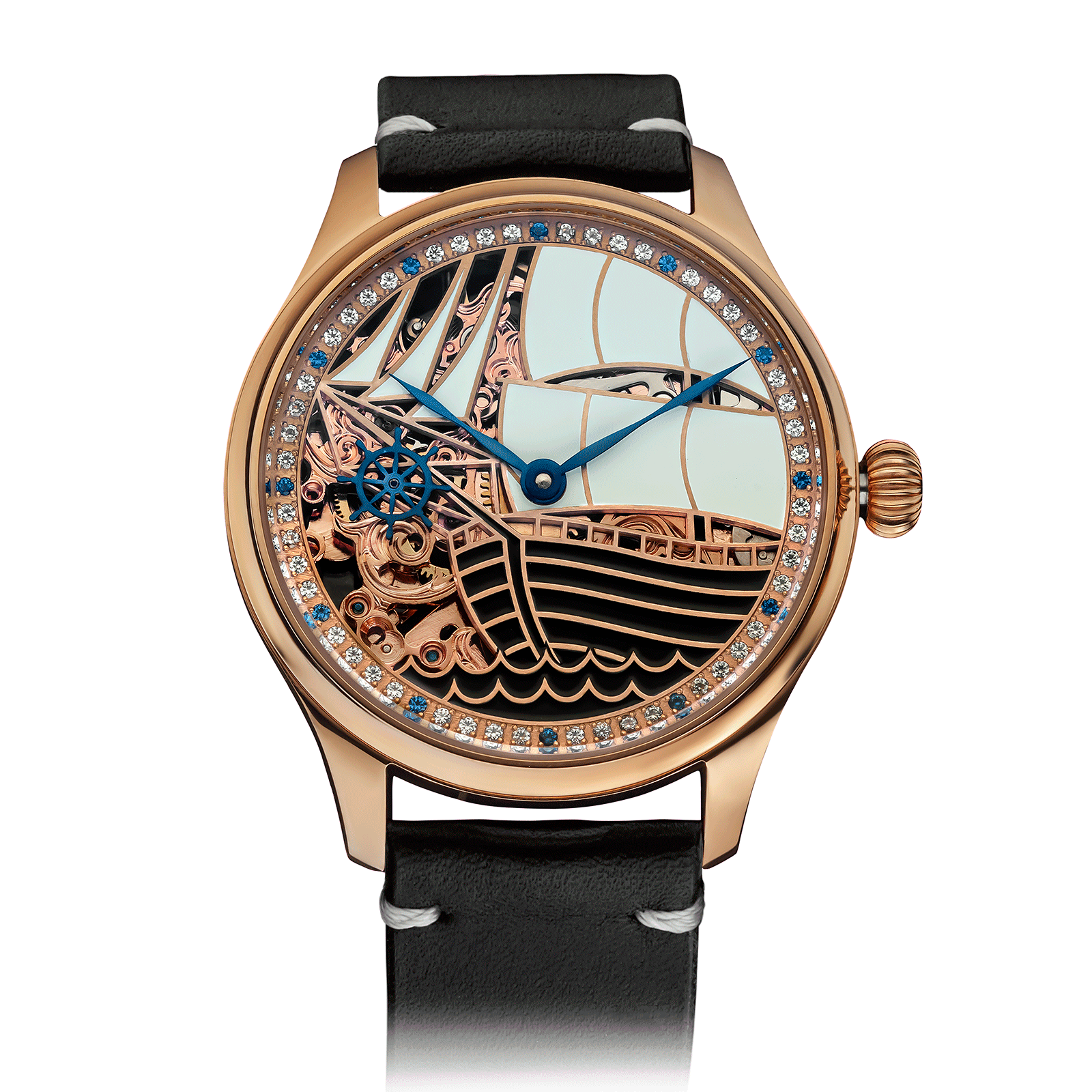 San Marino Mechanical watch with intricate design and black leather strap #color_black