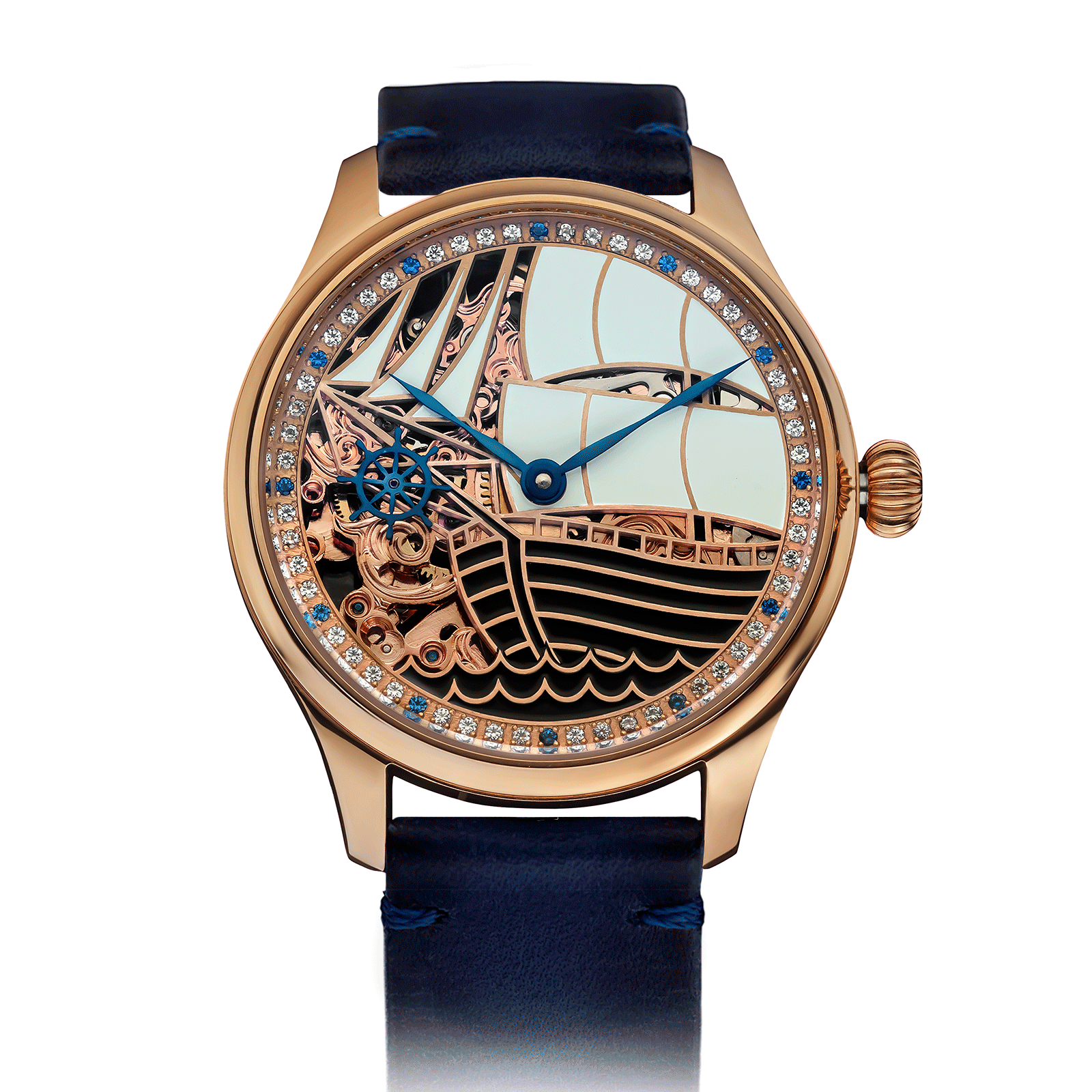San Marino Handmade watch with intricate design and blue leather strap #color_blue
