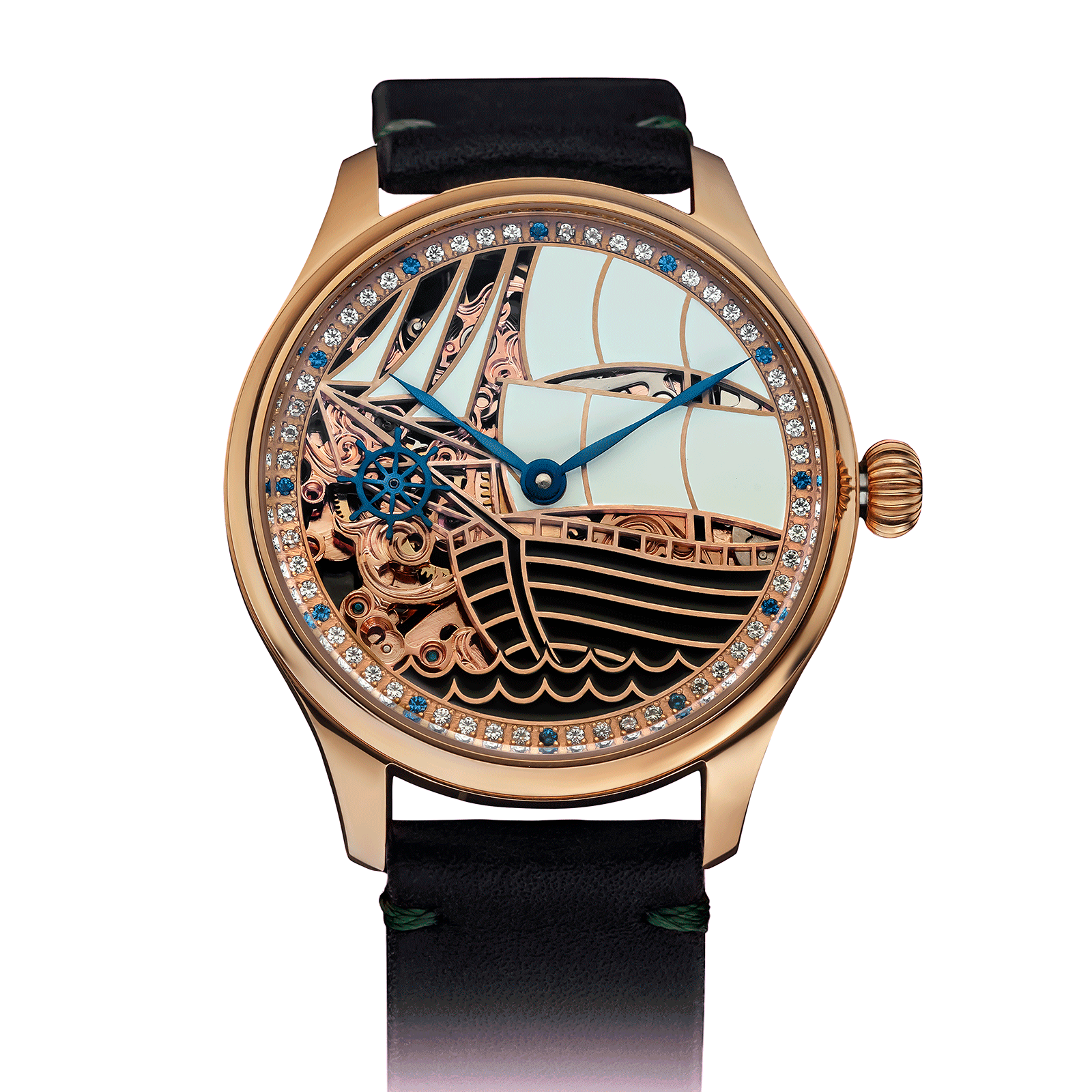 San Marino Skeleton watch with intricate design and green leather strap #color_green