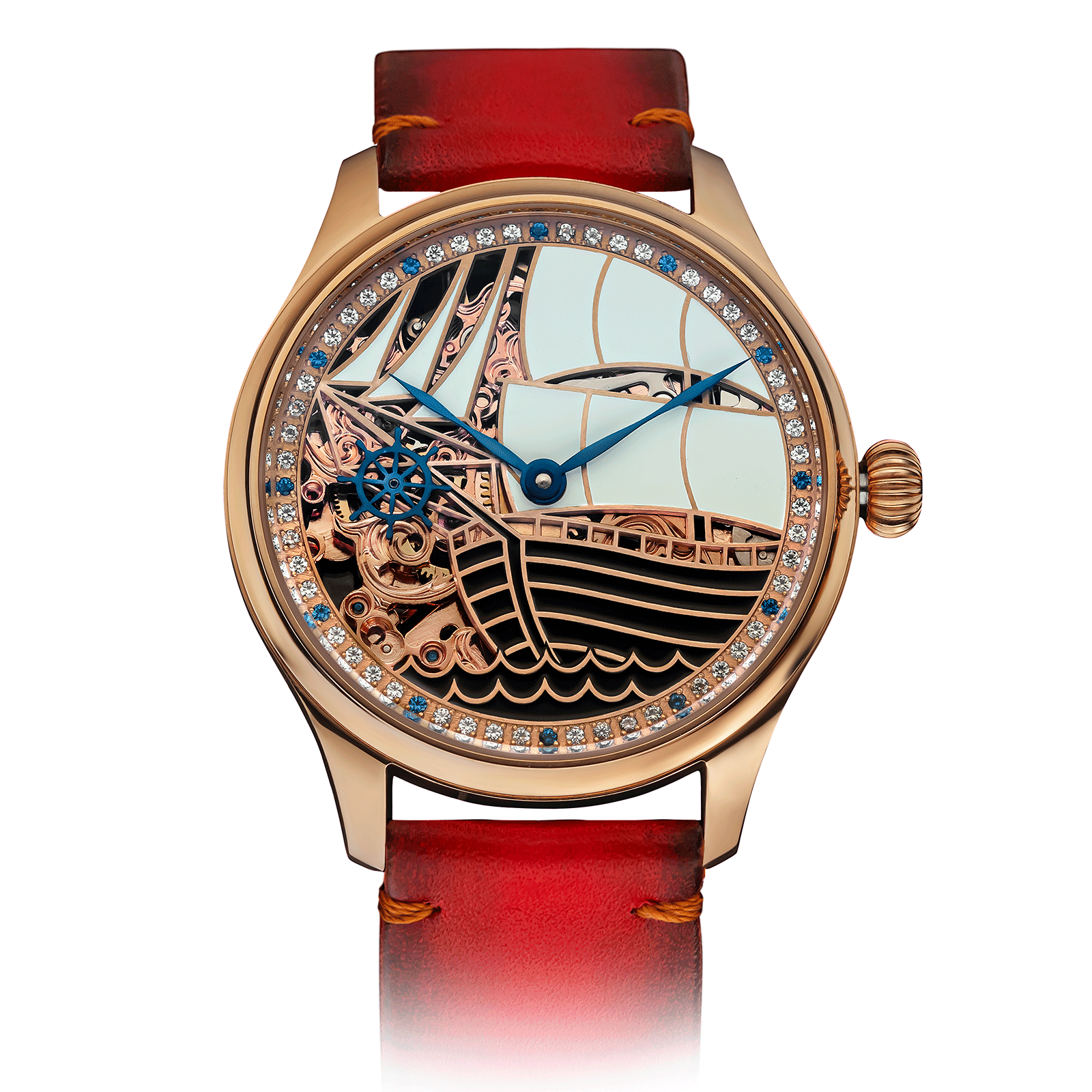 San Marino Mechanical watch with intricate design and red leather strap #color_red