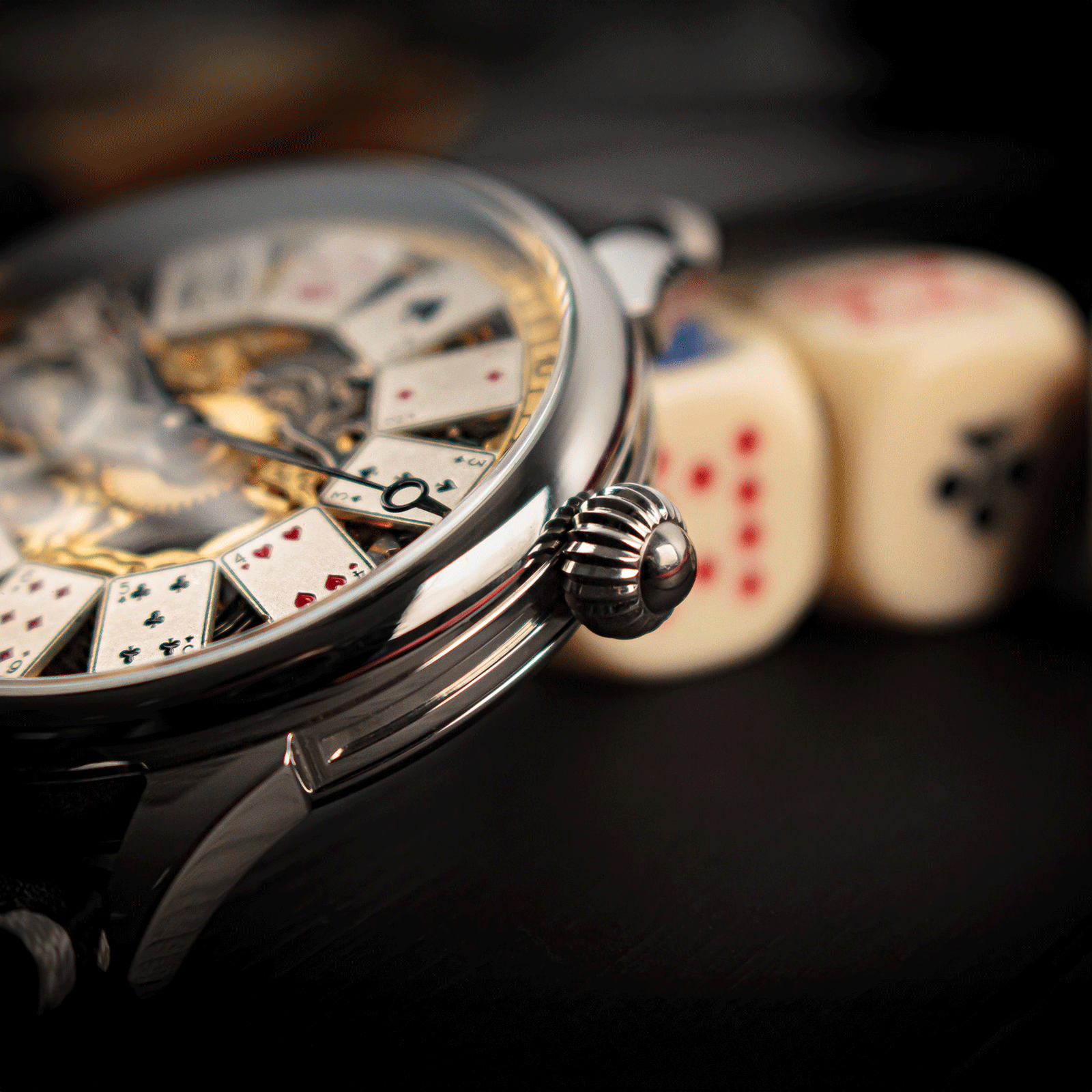 Lifestyle photo of poker watch in casino-inspired setting – mechanical skeleton watch