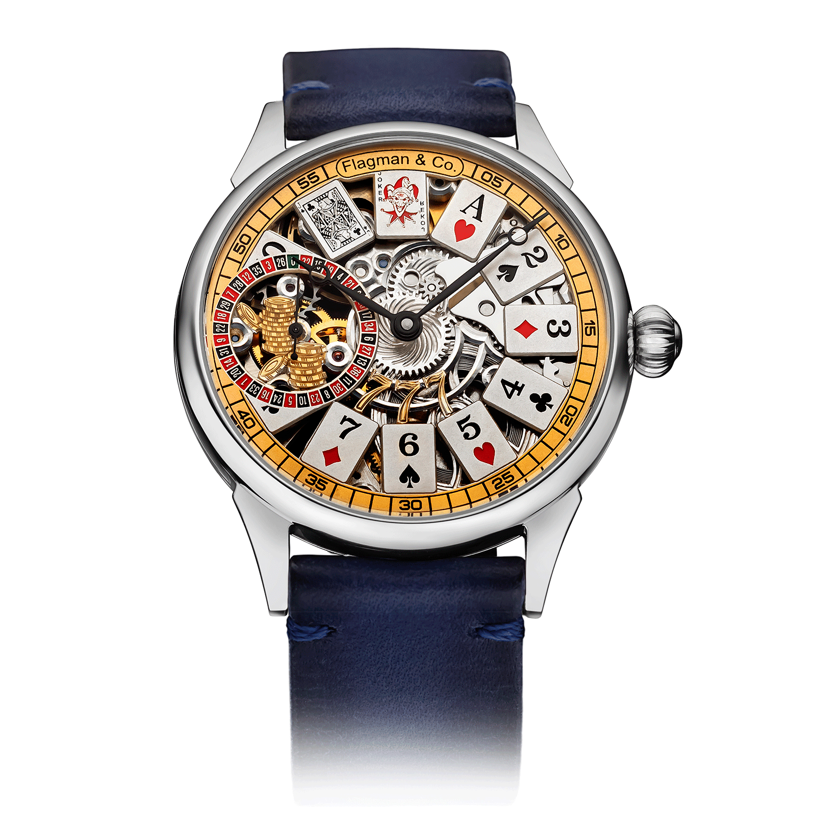 Blue Leather Strap on Card Table 3.0 Skeleton Watch #color_blue