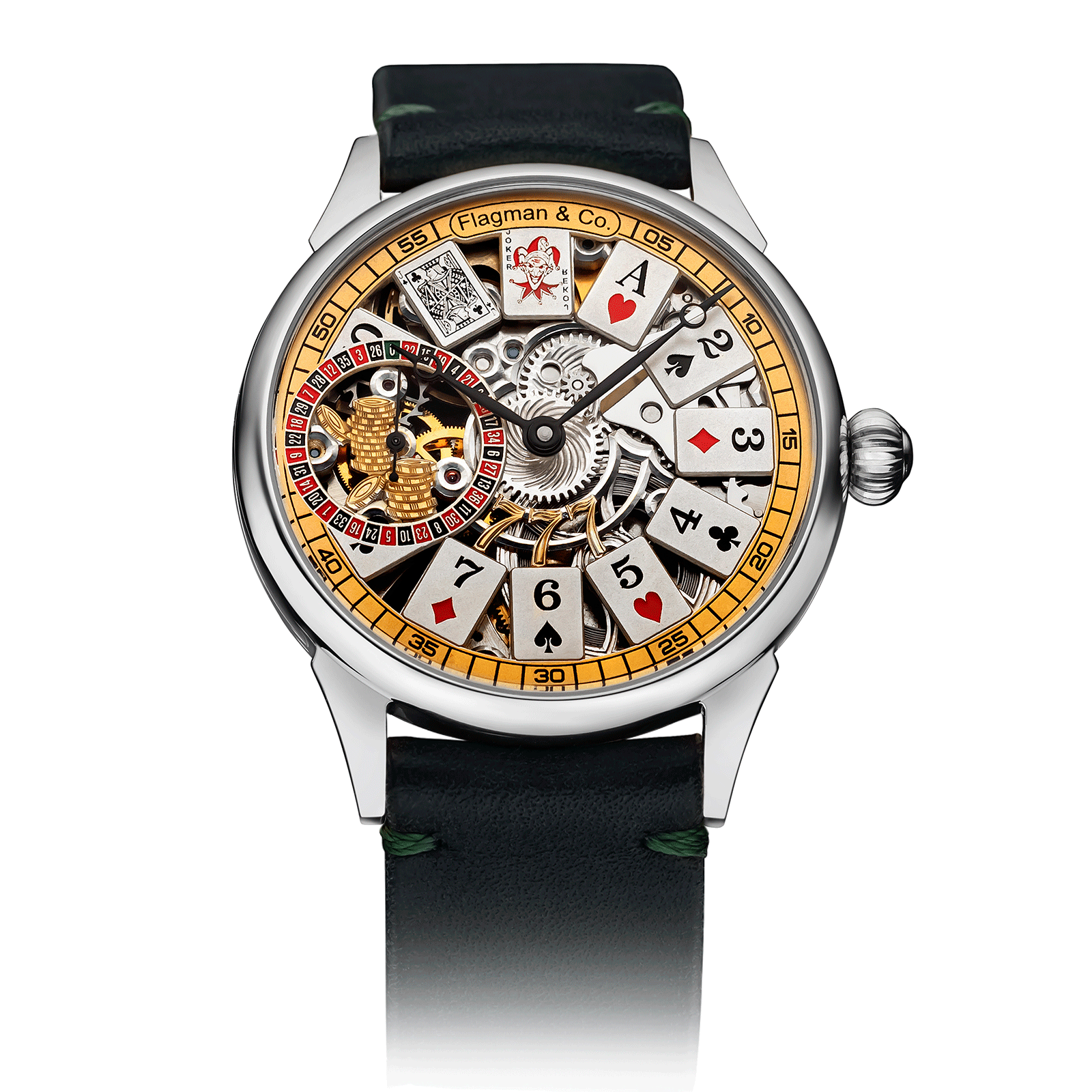 Card Table 3.0 with Green Leather Strap – Skeleton Watch #color_green