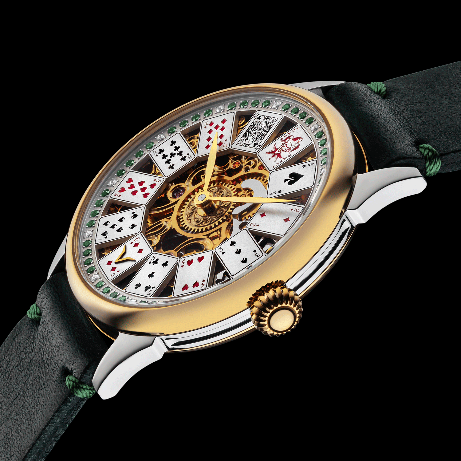 Front view detail of Emerald Royale handmade skeleton watch