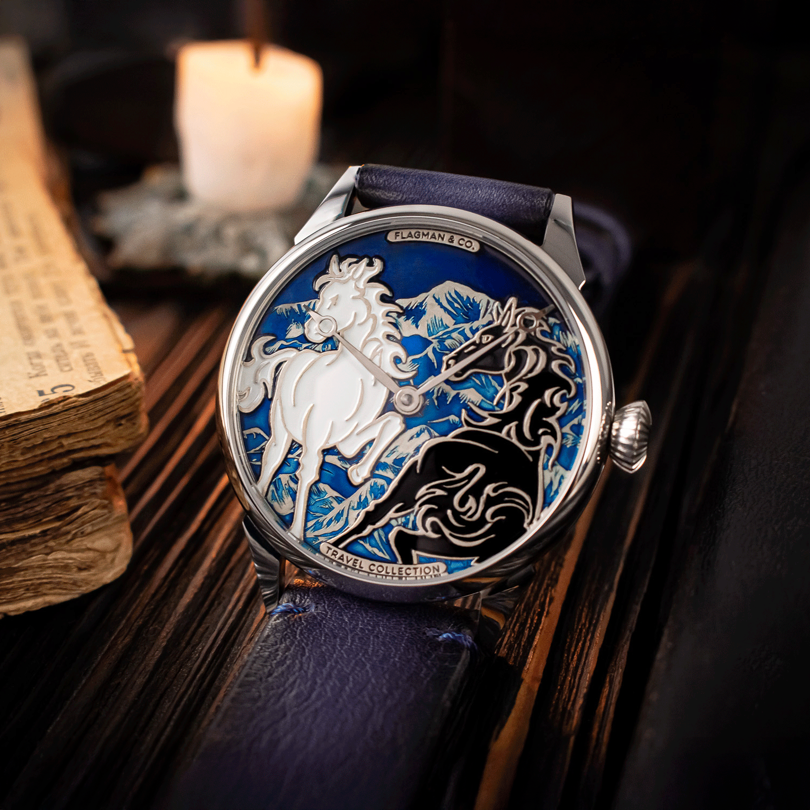 Luxury watch Spirit with horse design, on a dark wooden surface