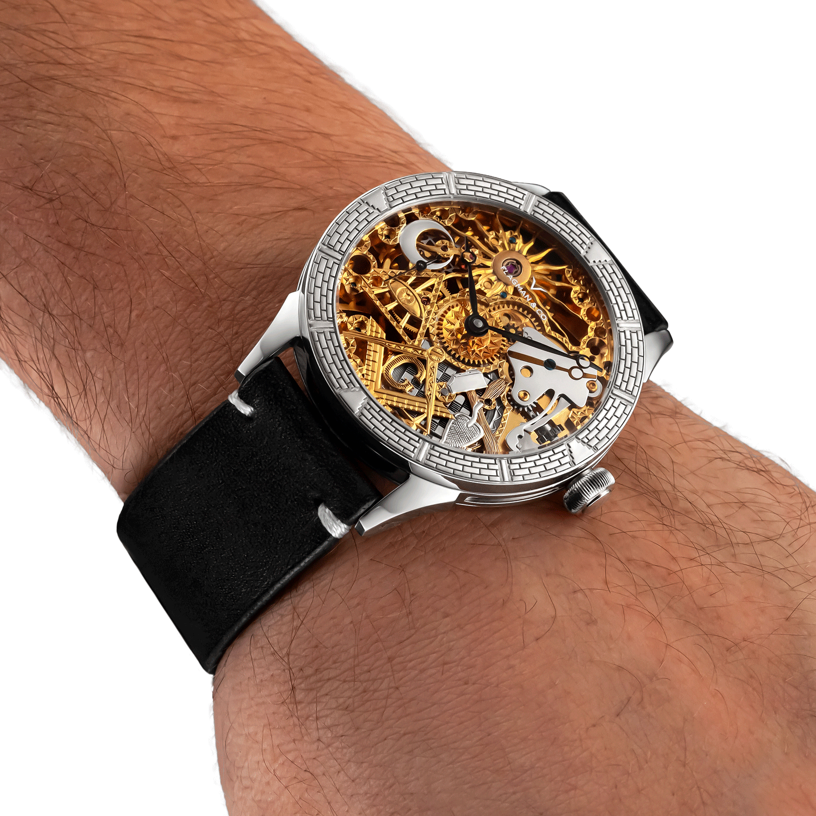 Temple Skeleton watch with black strap, demonstrated on mens wrist.
