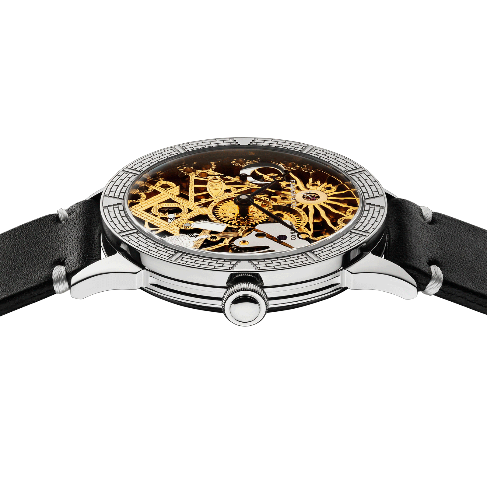 Temple mechanical watch with black strap, gold- and silver-plated skeleton dial, on white background.