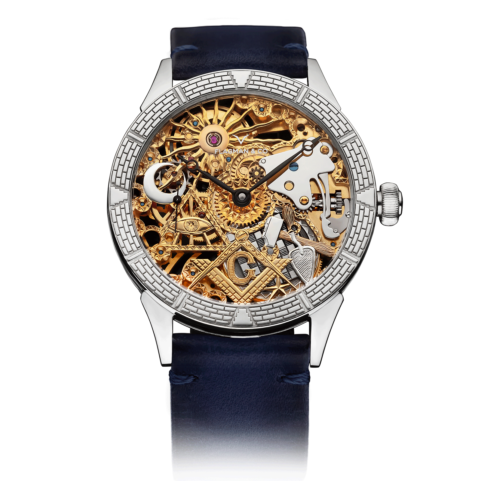 Temple Fremason watch with blue strap, gold- and silver-plated skeleton dial, on white background #color_blue