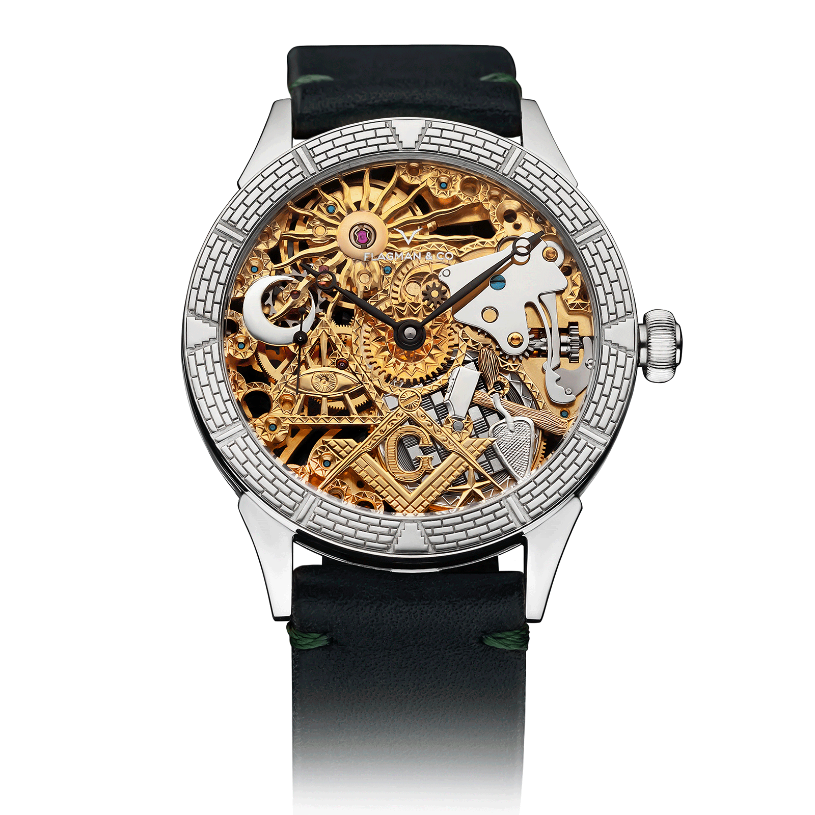 Temple watch for mason with green strap, gold- and silver-plated skeleton dial, on white background #color_green