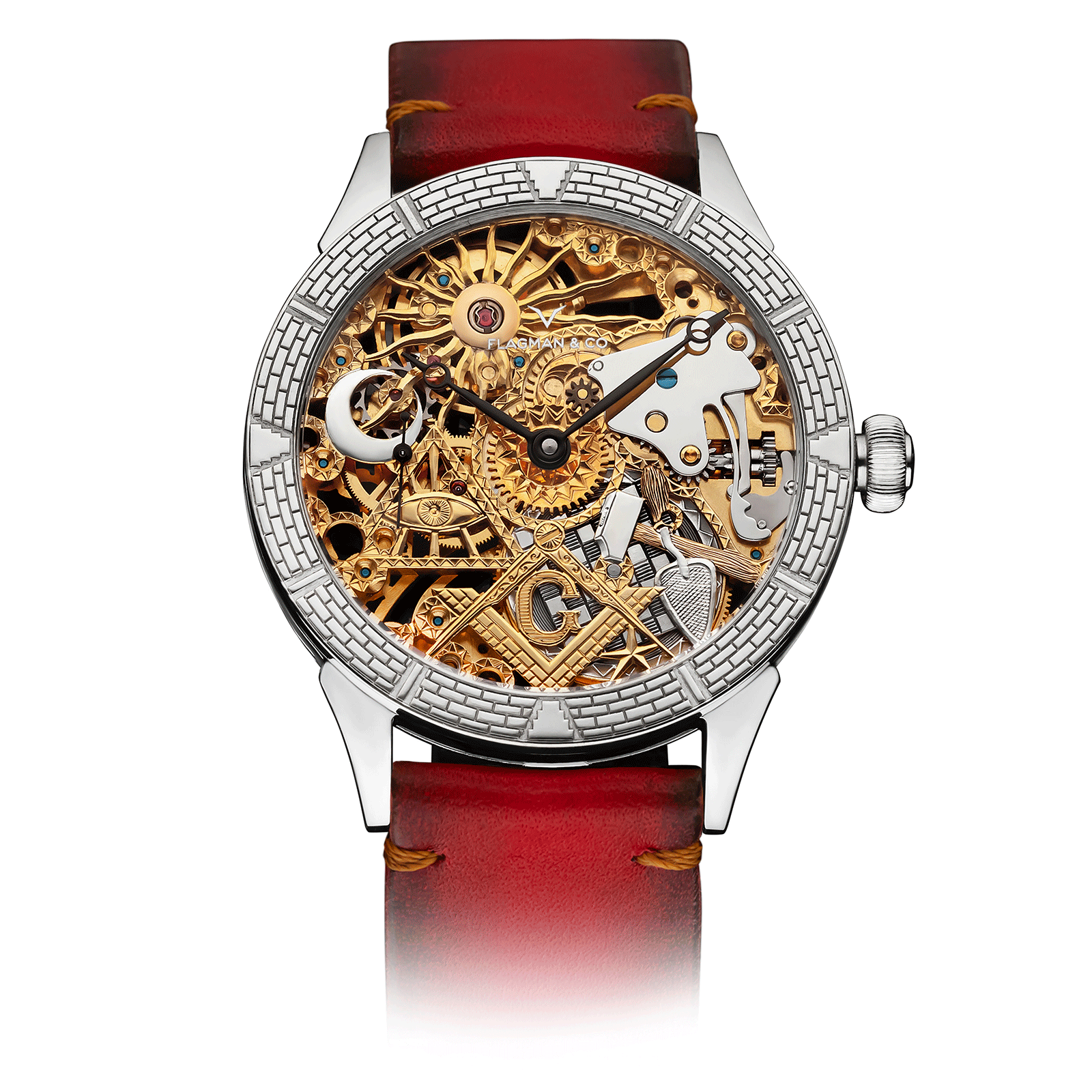 Temple Handmade watch with red leather strap, gold- and silver-plated skeleton dial #color_red