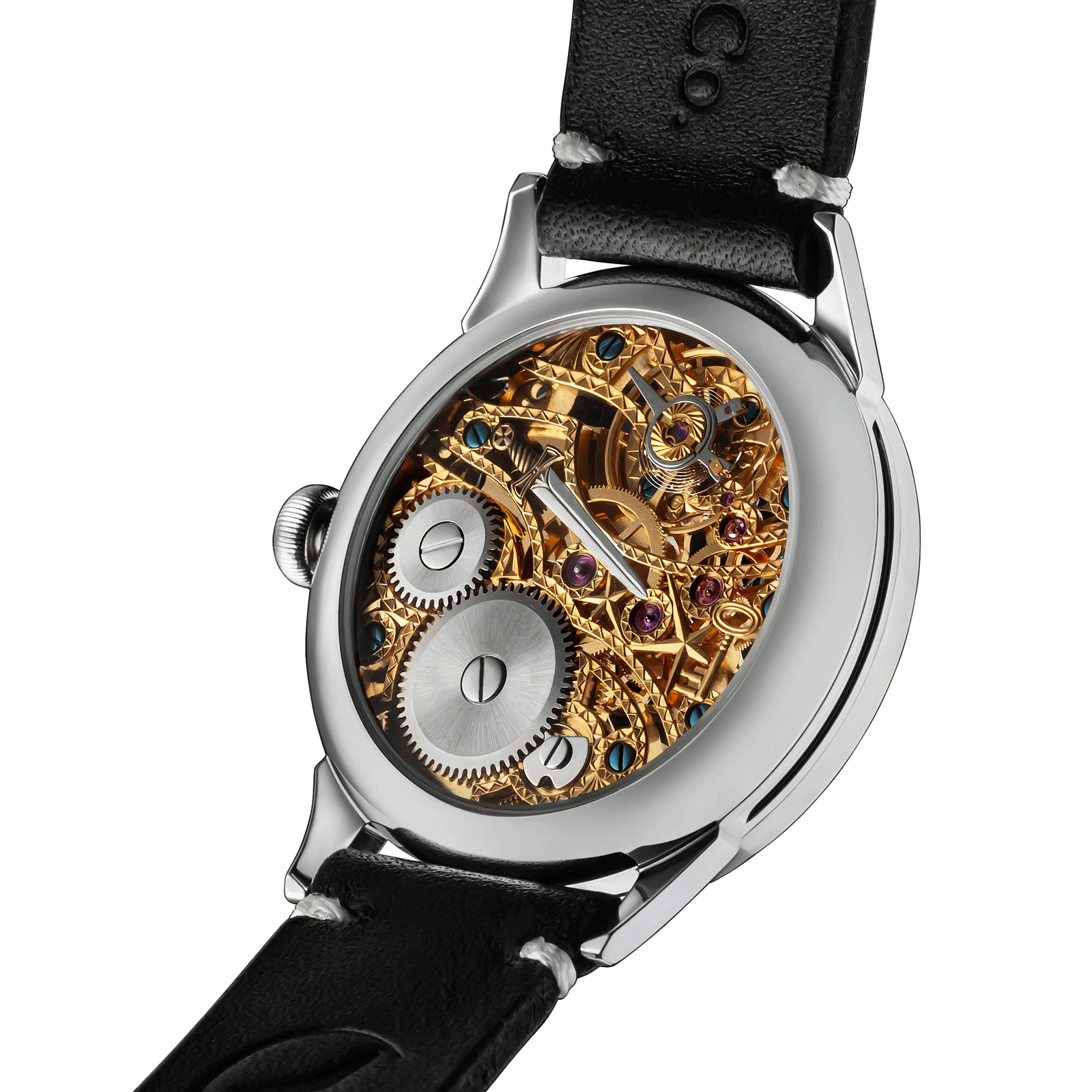 Temple Skeleton Watch with black leather strap and visible mechanical movement