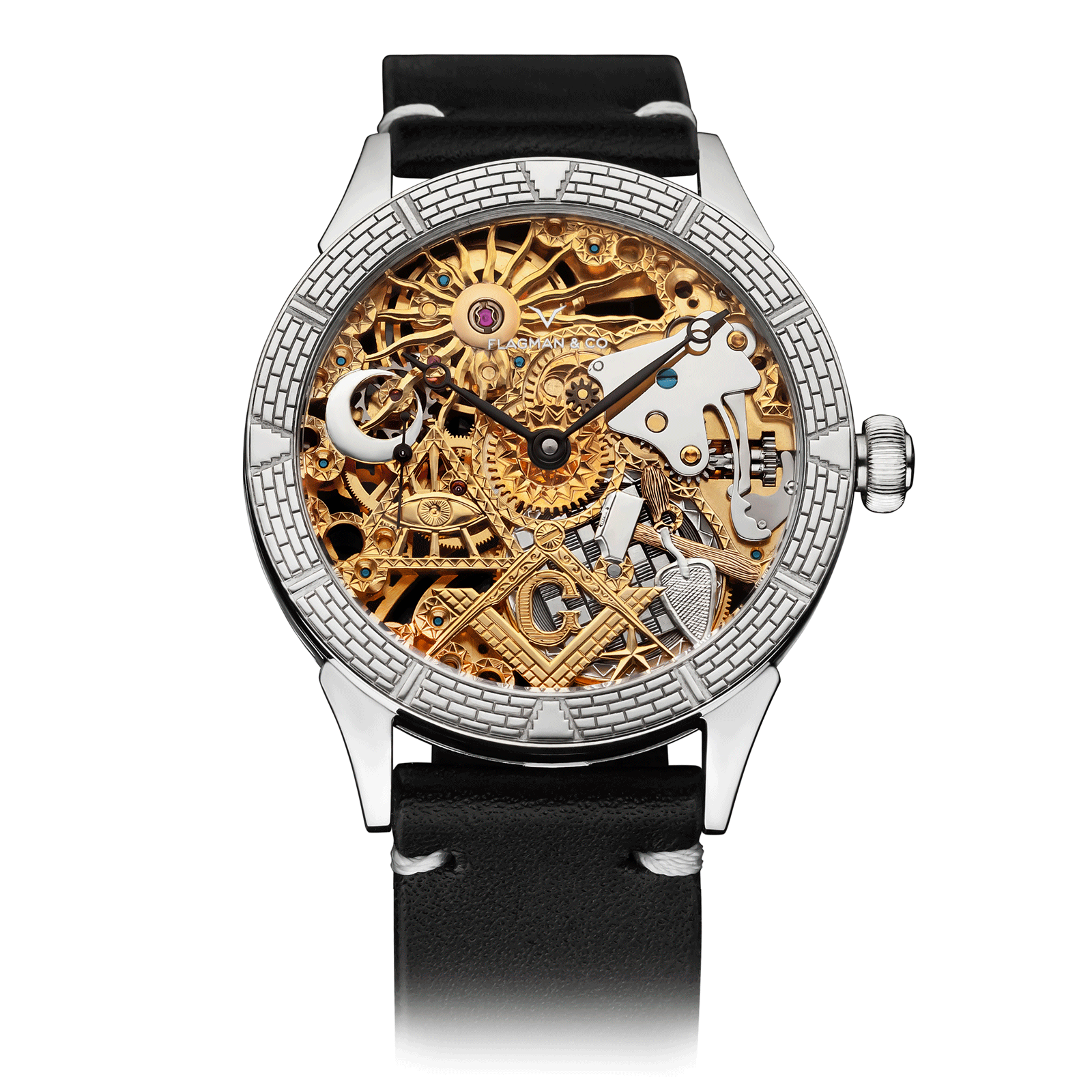 Temple Masonic watch with black strap, gold- and silver-plated skeleton dial, on white background #color_black