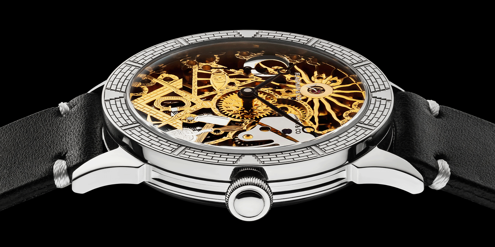 Close-up of Temple skeleton mechanical watch crown