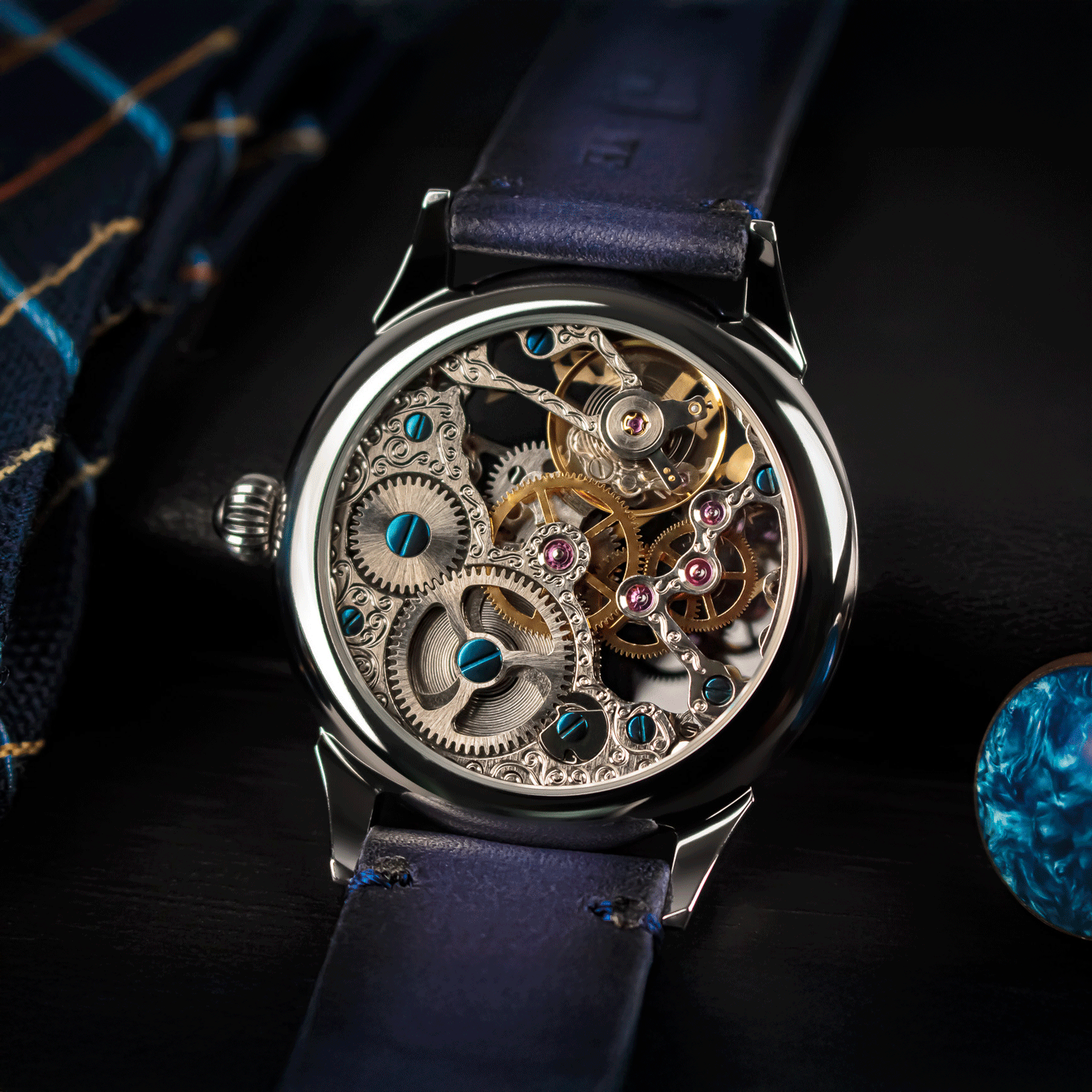 Rear view of Aether Blue showing skeleton caseback and manual winding movement