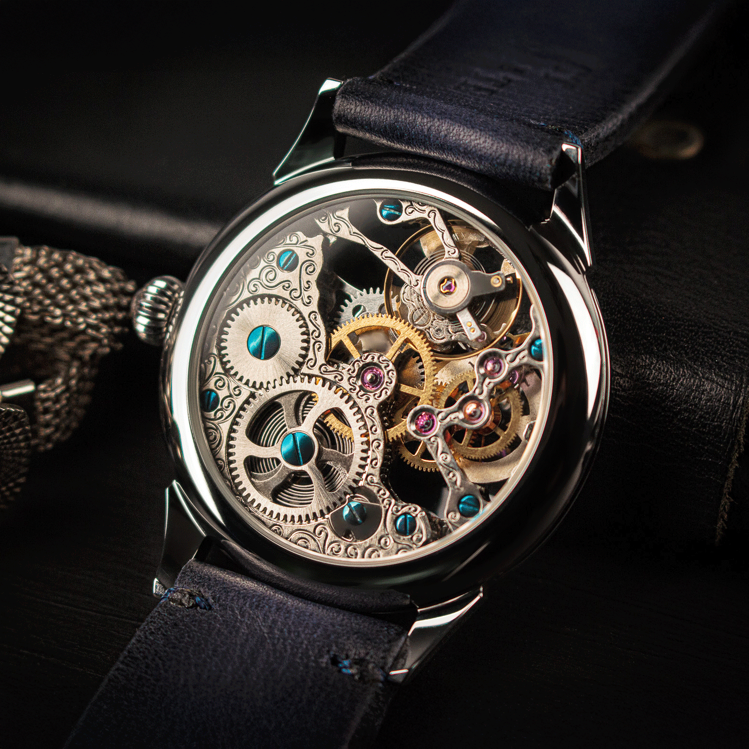 Rear view of Aether Drop showing skeleton caseback and manual winding movement