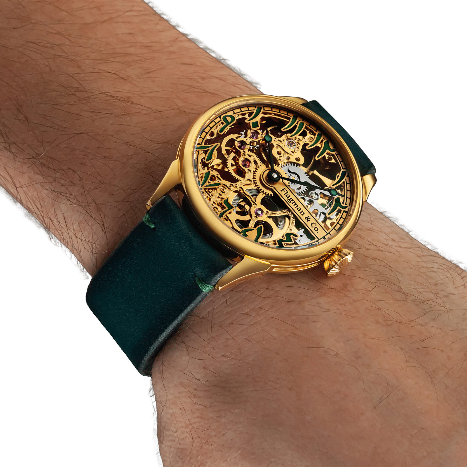 Handmade skeleton watch worn on wrist - Arabic Emerald