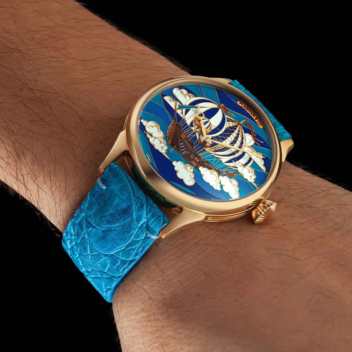 Front view of handmade watch worn on wrist - Airship