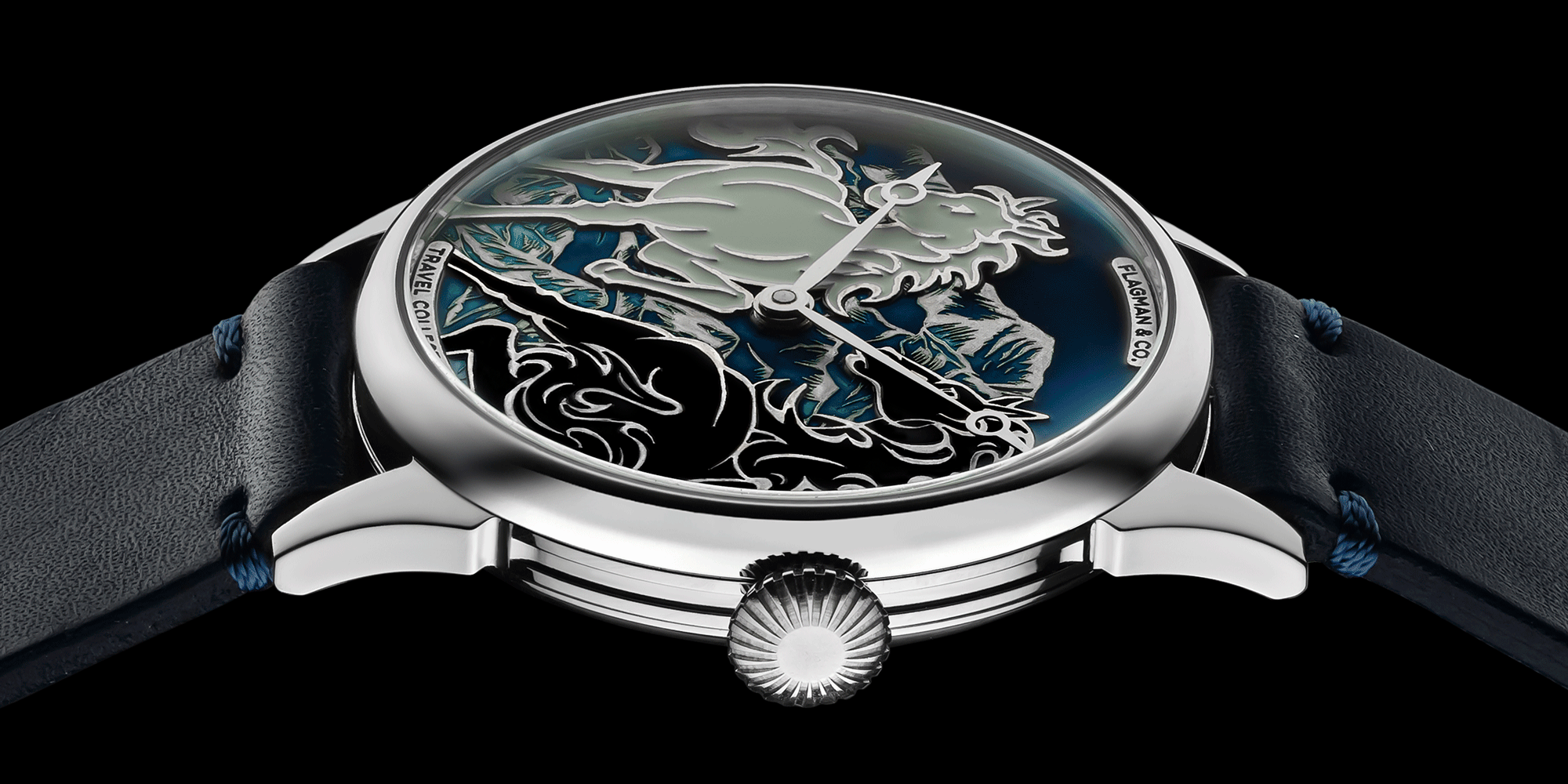 Handmade watch with intricate design on the back, blue strap, and silver case.