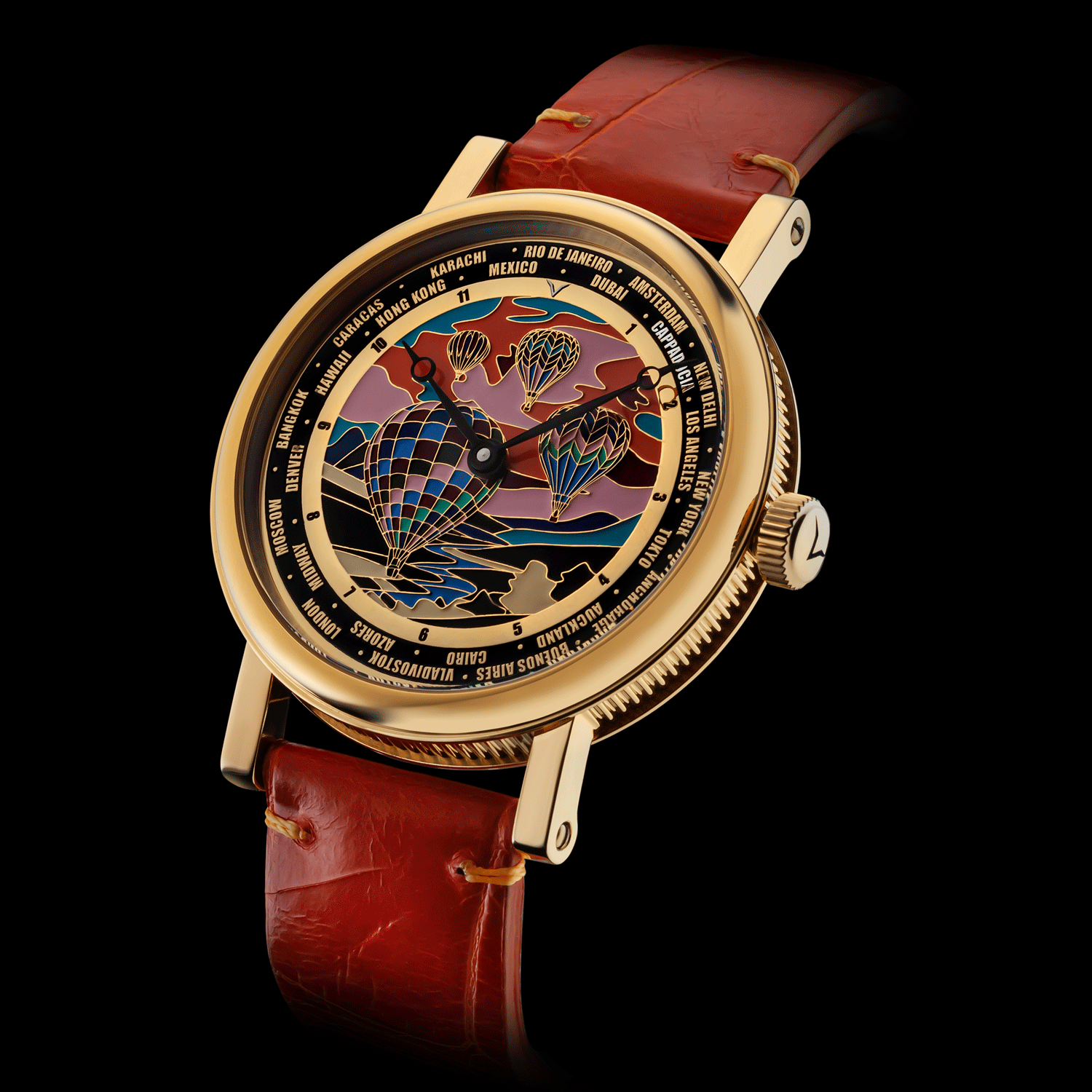 Art deco watch with a orange leather strap and intricate face design on a black background